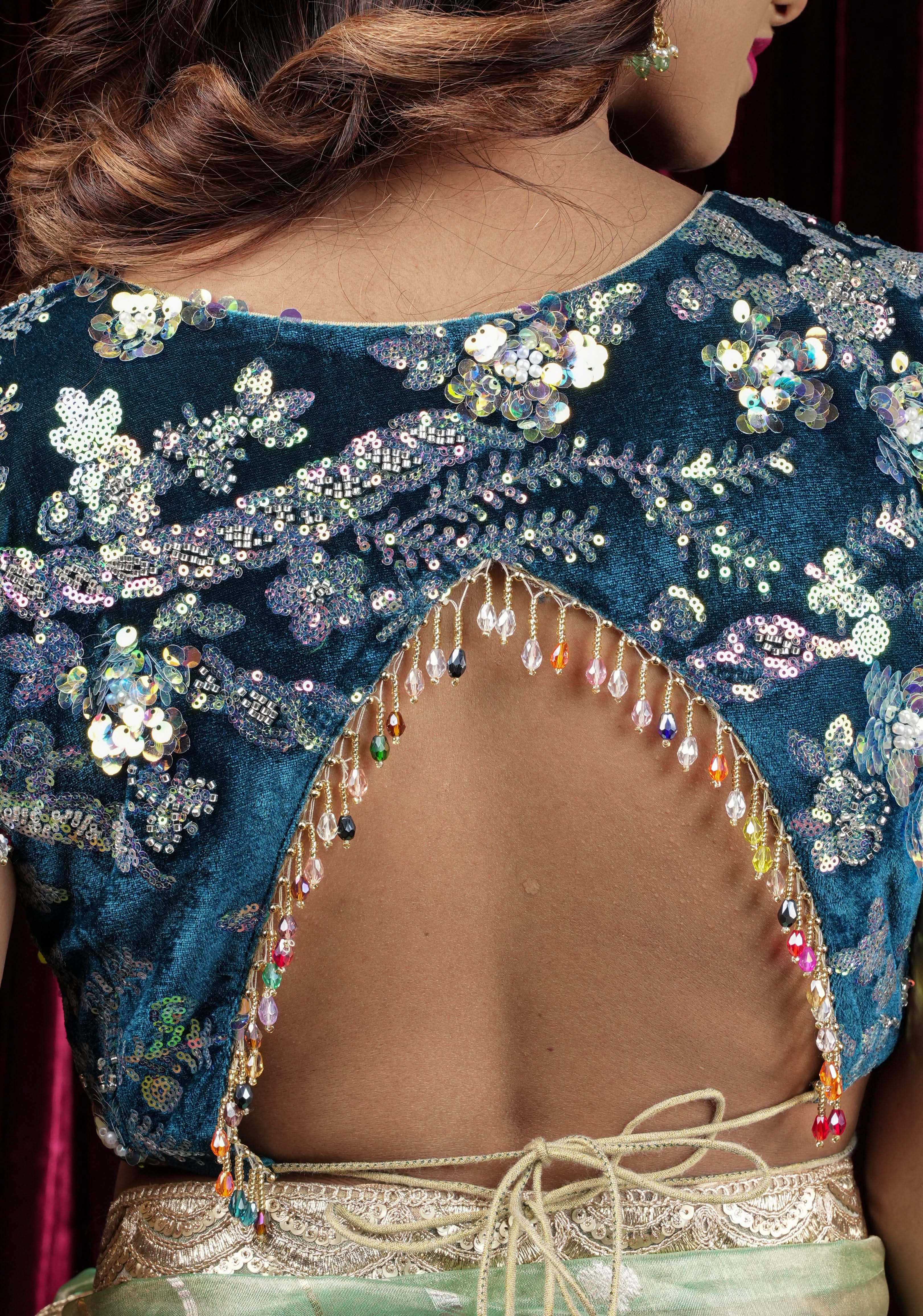 Teal Velvet 3D sequin arch back tie blouse with multicolor danglers,  Made to Order | Shobitam