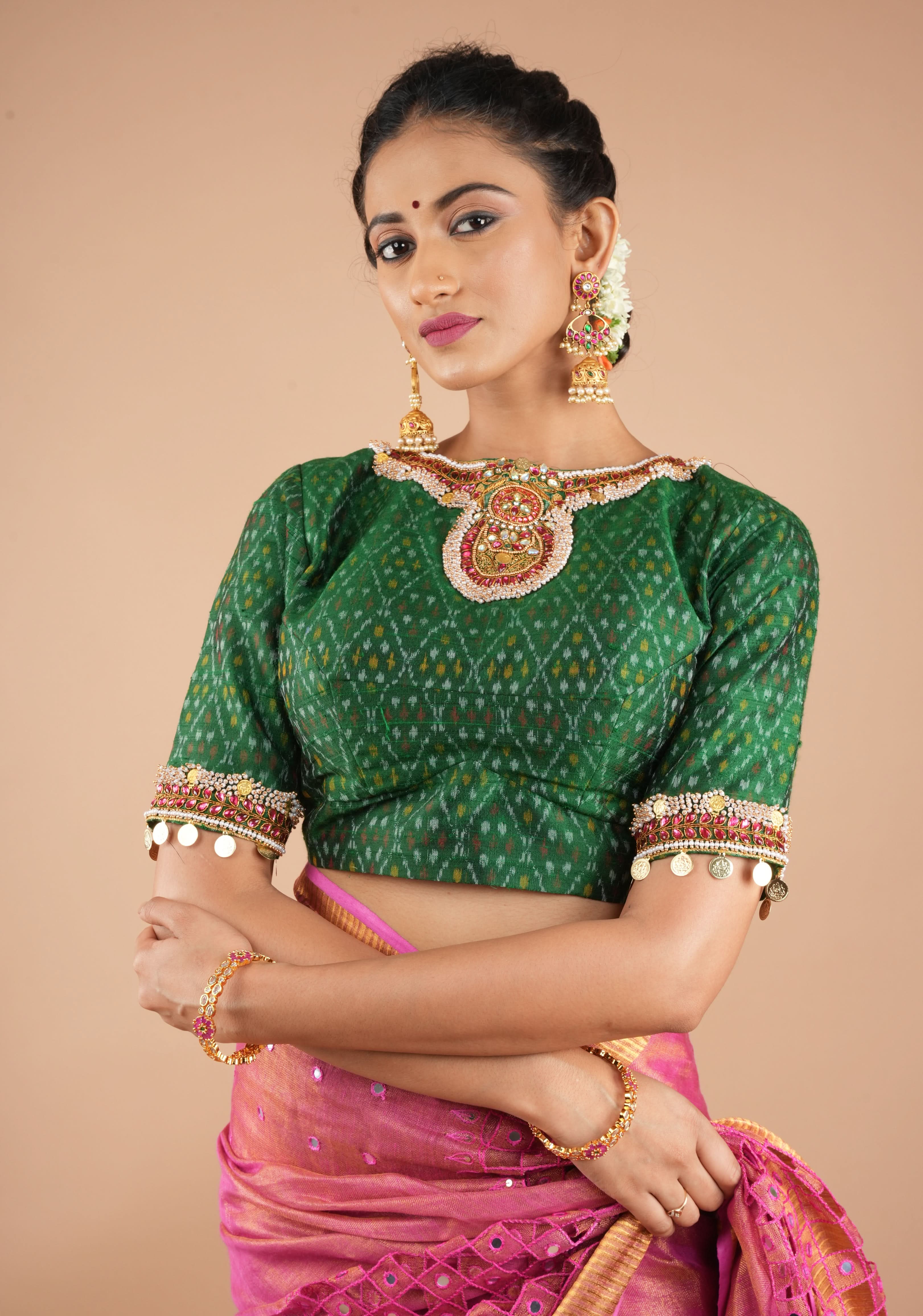 Green Ikkat Pure Raw Silk Blouse with Kemp and Moti Necklace and Bajuband design Handwork, Made to Order, Customizable | Shobitam