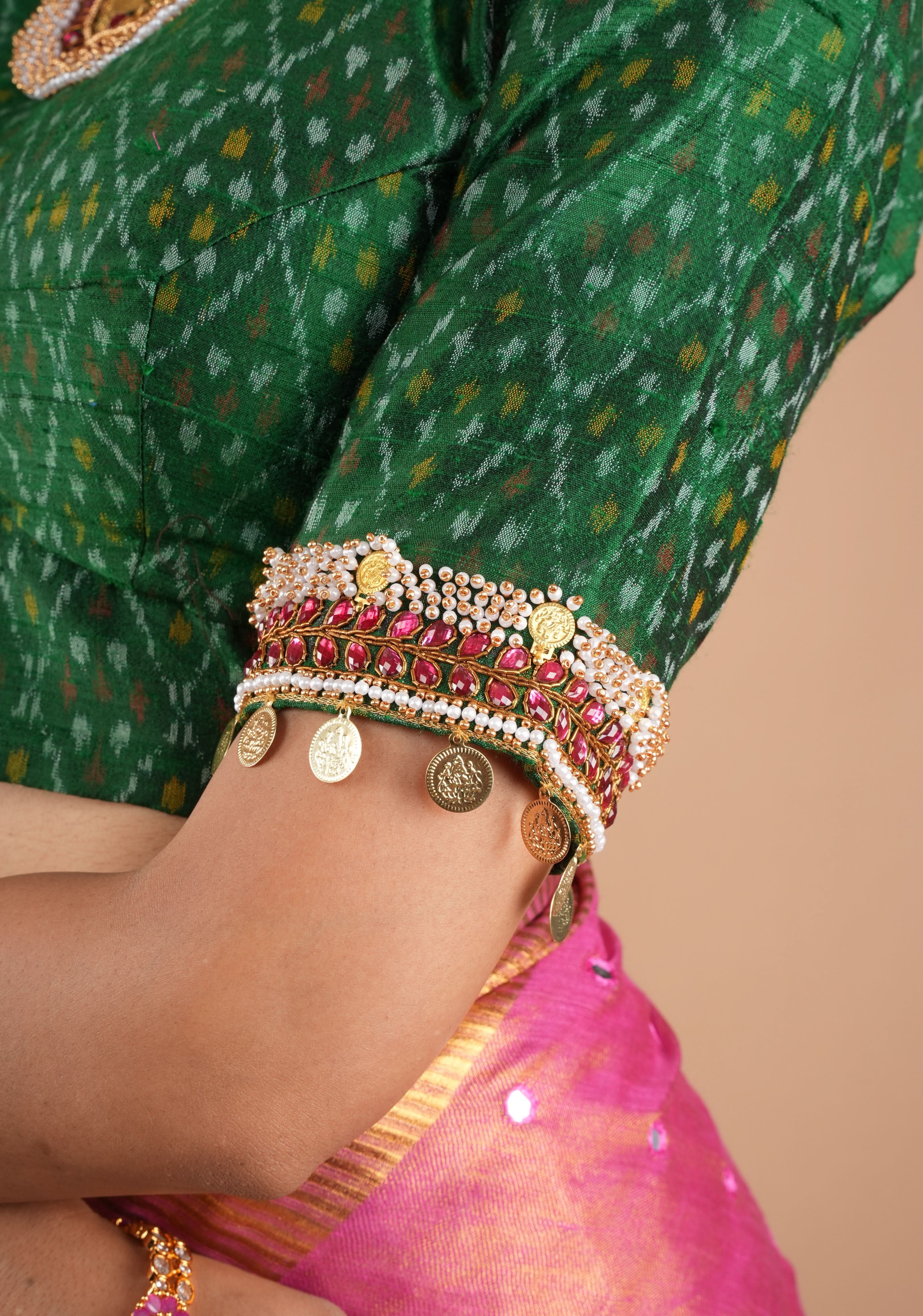 Green Ikkat Pure Raw Silk Blouse with Kemp and Moti Necklace and Bajuband design Handwork, Made to Order, Customizable | Shobitam
