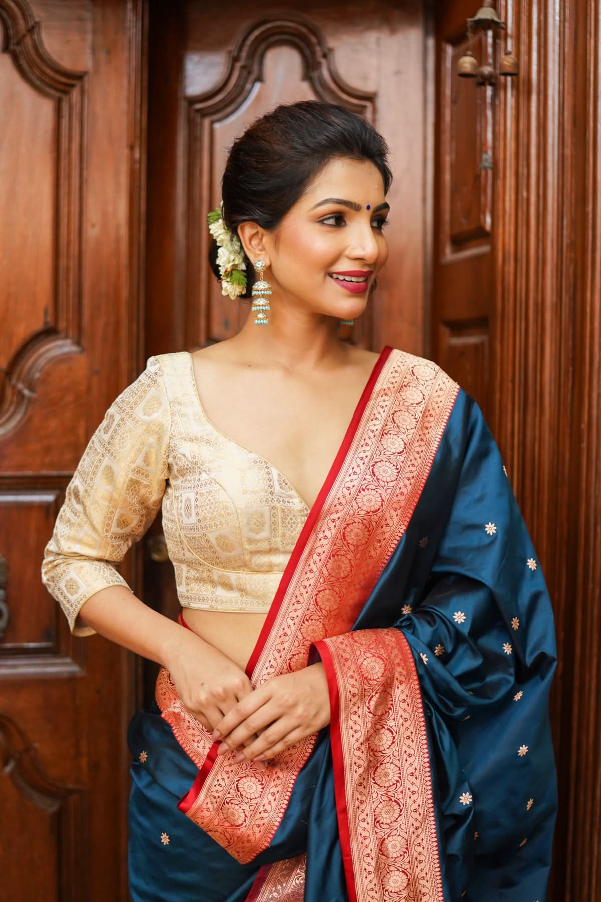 Ivory Patola Design Brocade Mix and Match Blouse with 3/4 sleeve for saree, Made to Order | Shobitam
