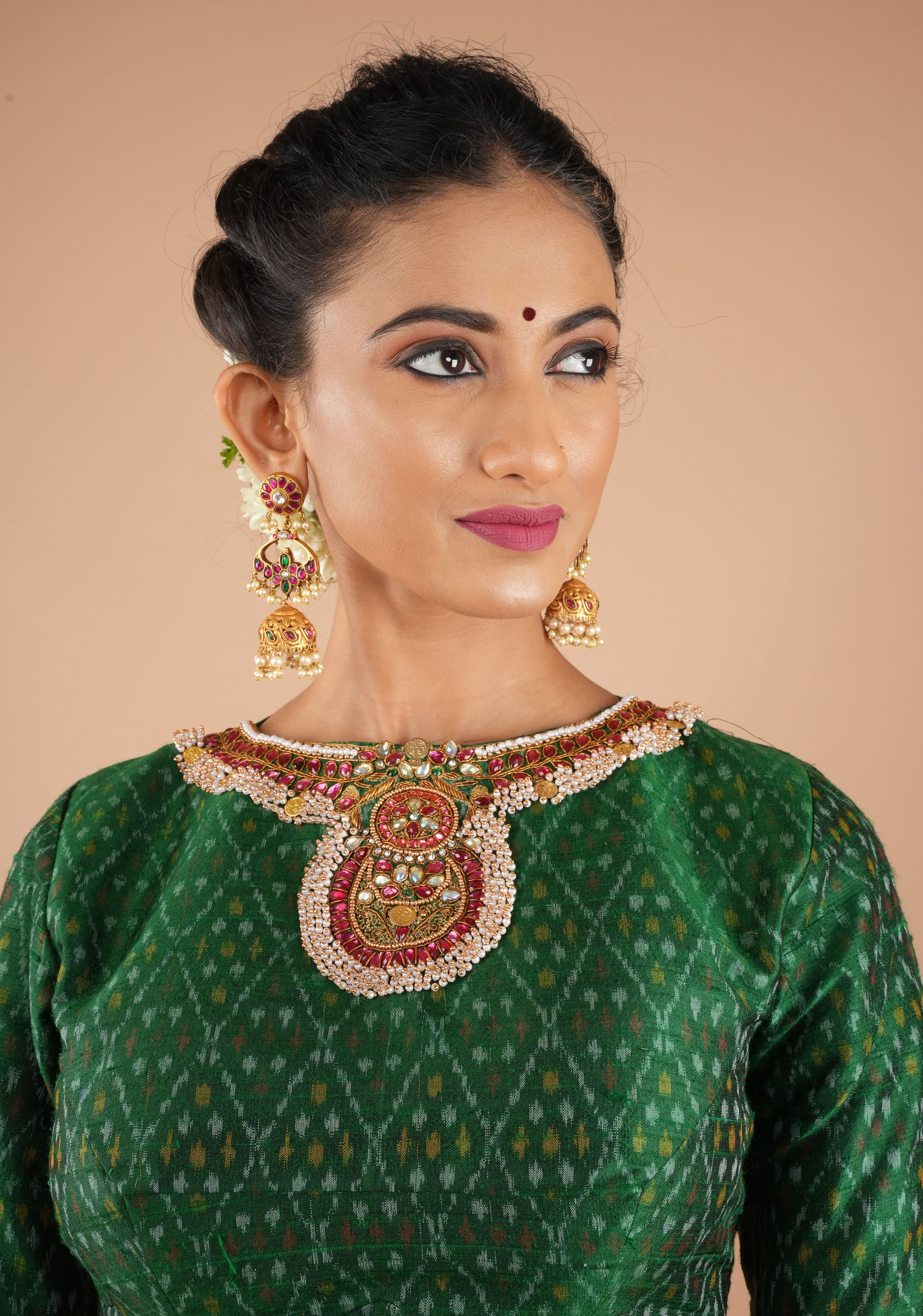 Green Ikkat Pure Raw Silk Blouse with Kemp and Moti Necklace and Bajuband design Handwork, Made to Order, Customizable | Shobitam
