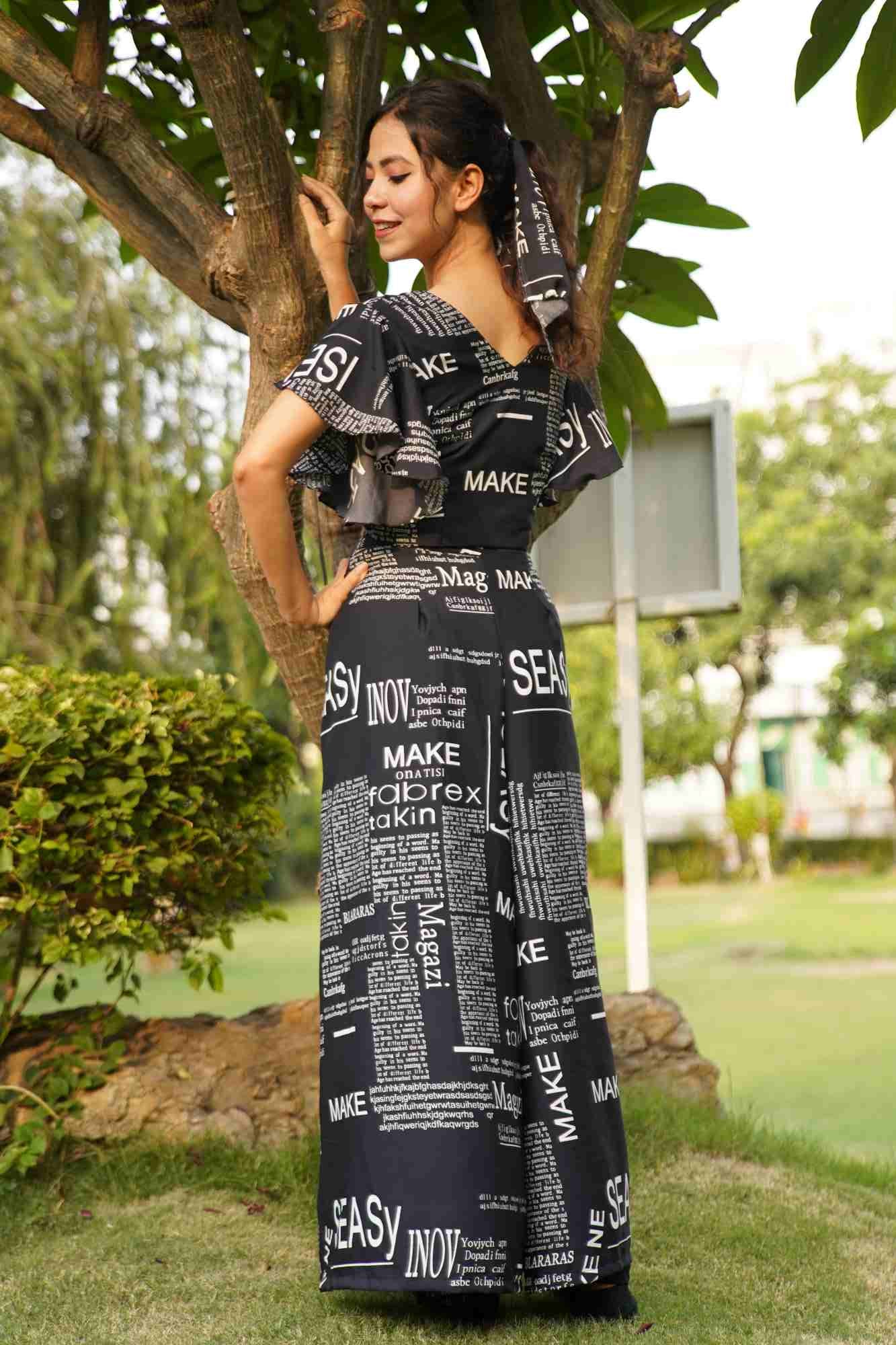 Black Co-Ord set with  pant and stylish flair sleeve top with overall Newspaper Print