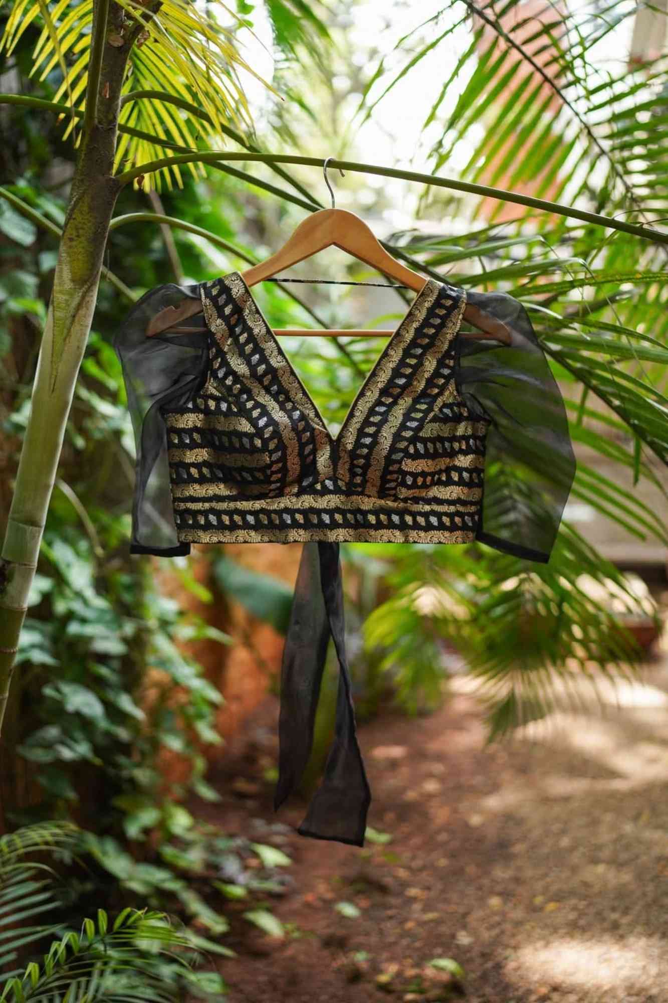 Black Brocade Blouse with Organza Puff Sleeves  Mix and Match Blouse for saree, Made to Order