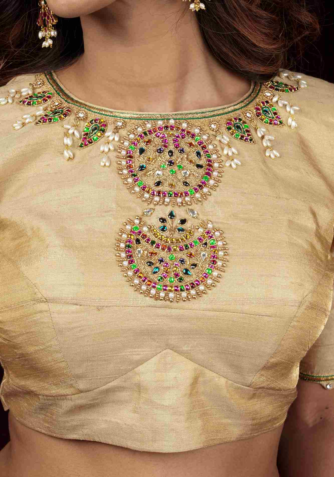 Sandalwood Color Pure Raw Silk Tissue Blouse with multicolor stone Necklace and Bajuband Handwork, Made to Order