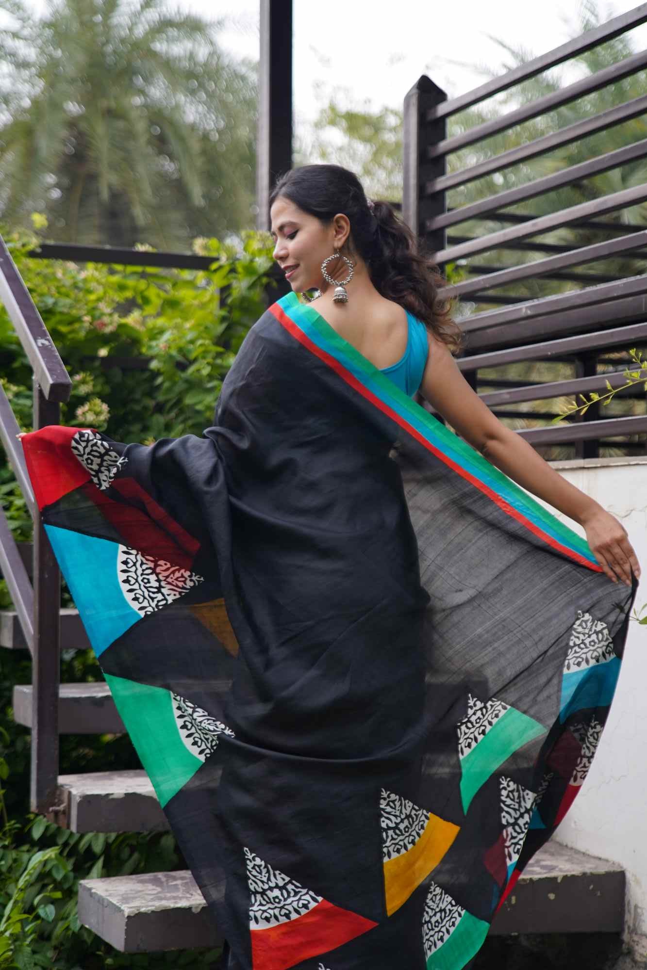 Beautiful Mursidabadi Pure Silk With Multicolour Block Printed Pallu Ready To Wear Saree