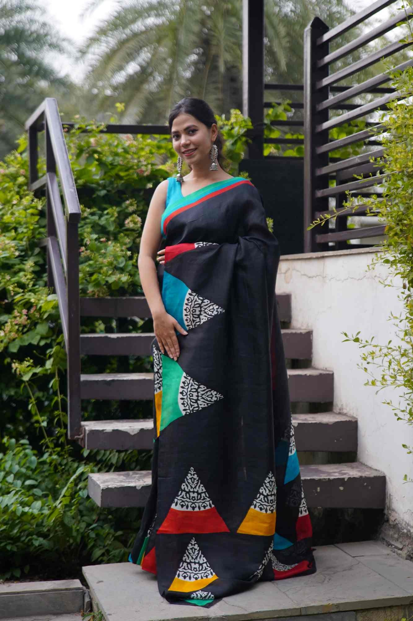Beautiful Mursidabadi Pure Silk With Multicolour Block Printed Pallu Ready To Wear Saree