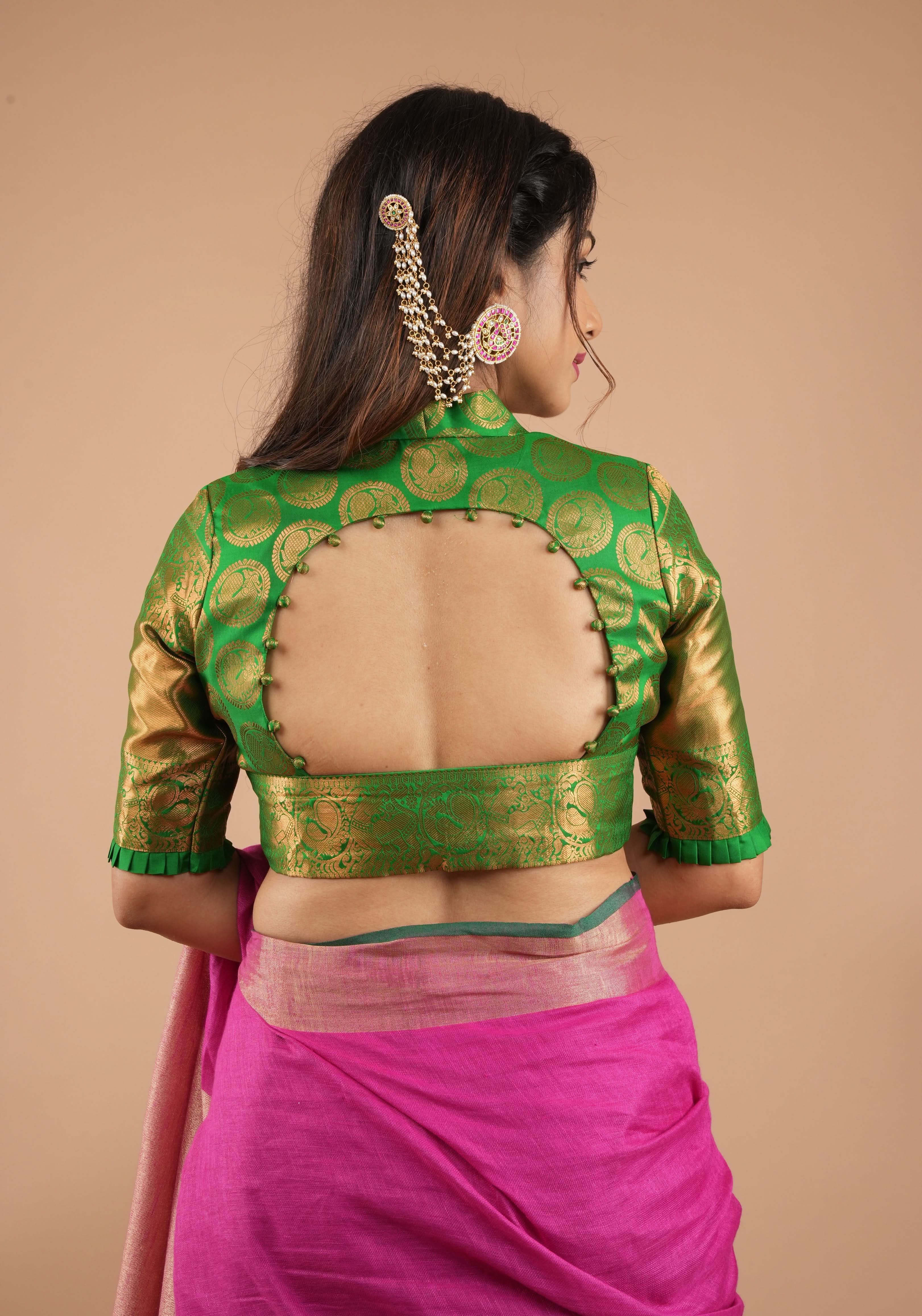 Leaf Green Pure Silk Kanjivaram Brocade Blouse with rising sun cutout and Potli Button detailing,  Made to Order, Customization | Shobitam