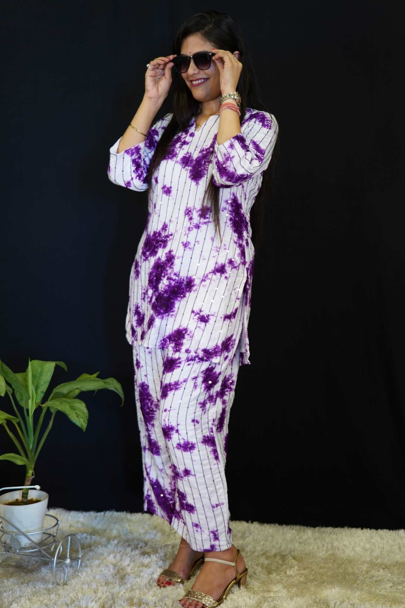 Summer Vibe Purple  Shibori Dyed With Sequin Embellished Stylized Co-ord set