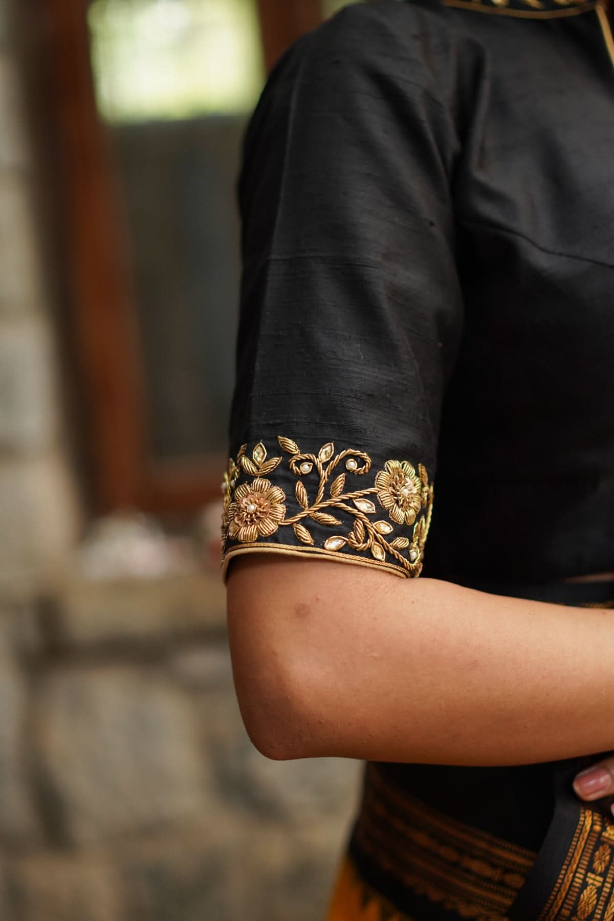 Black Raw Silk Blouse with Collar Neck and Zardosi Work   Mix and Match Blouse for saree, Made to Order | Shobitam