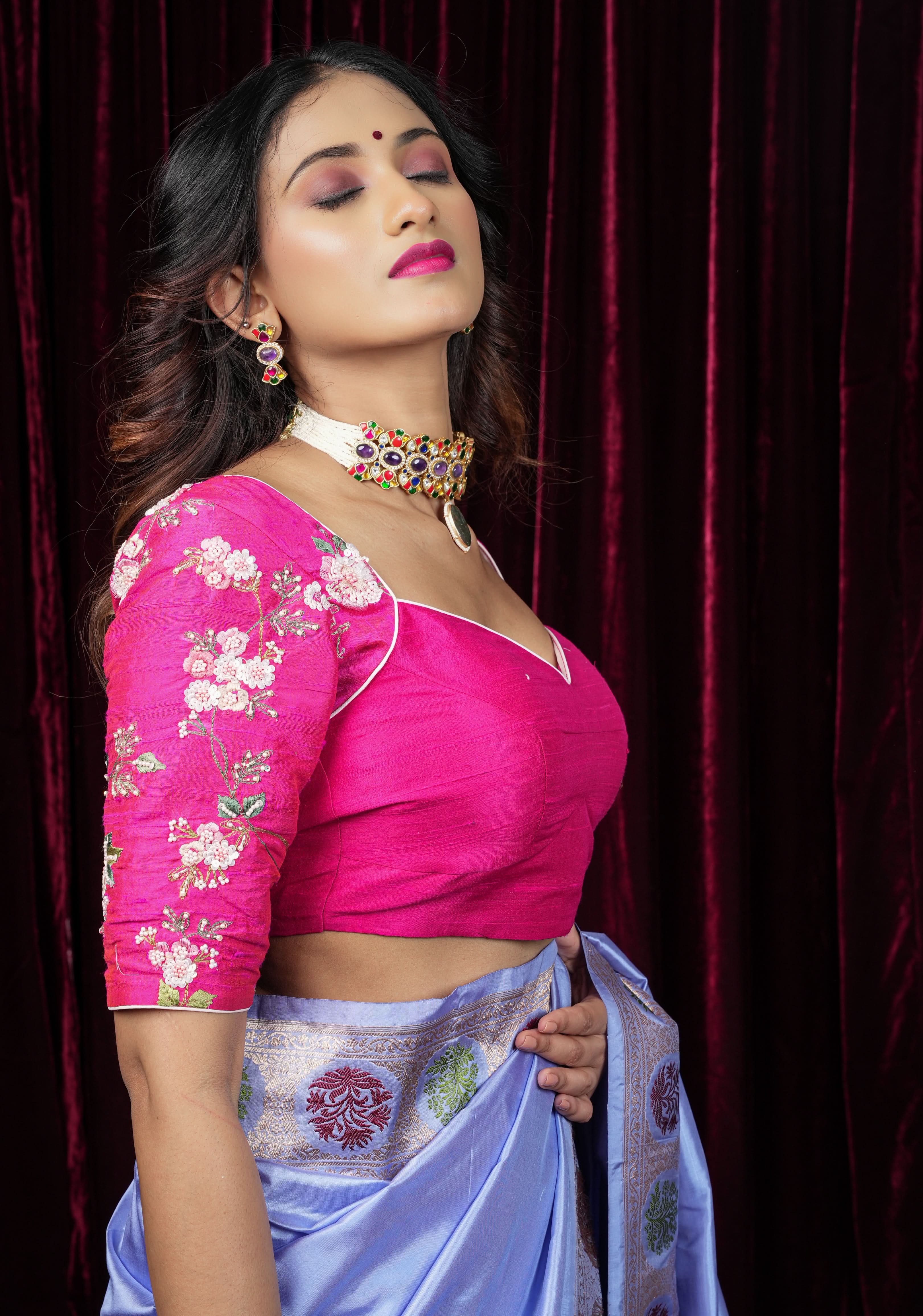 Pure Raw Silk blouse with Exquisite Moti and floral embroidery in Rani Pink,  Made to Order | Shobitam