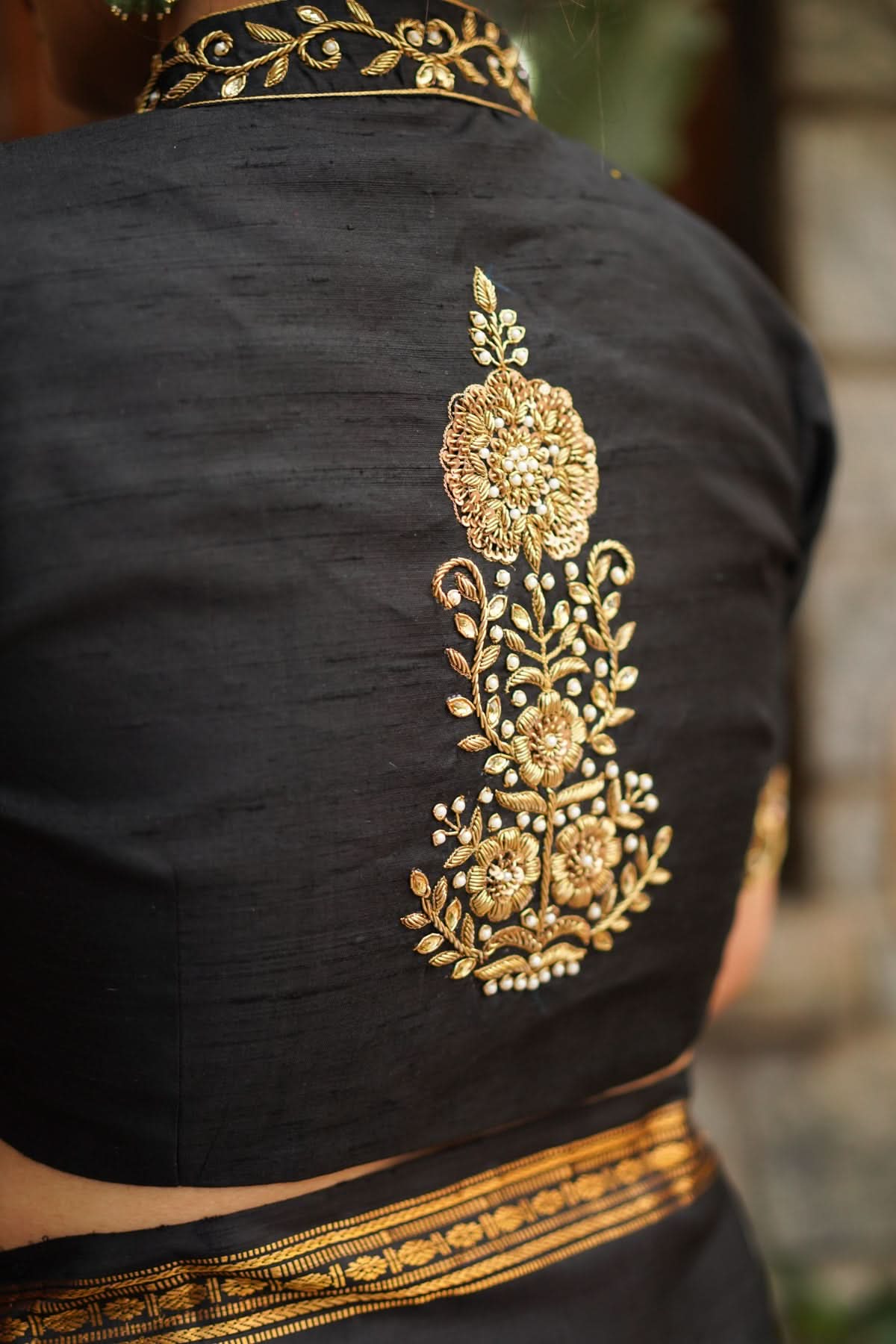 Black Raw Silk Blouse with Collar Neck and Zardosi Work   Mix and Match Blouse for saree, Made to Order | Shobitam