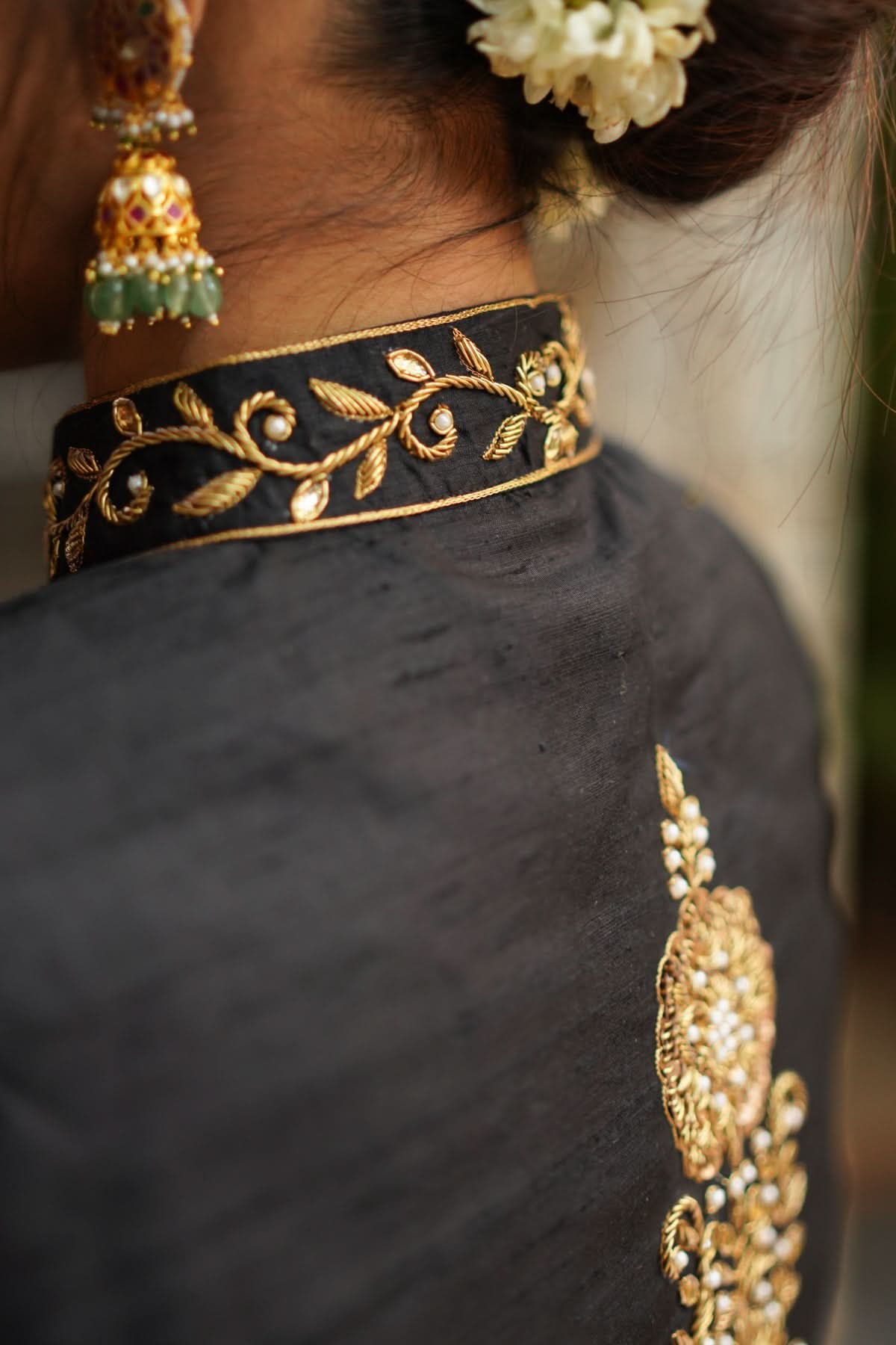 Black Raw Silk Blouse with Collar Neck and Zardosi Work   Mix and Match Blouse for saree, Made to Order | Shobitam
