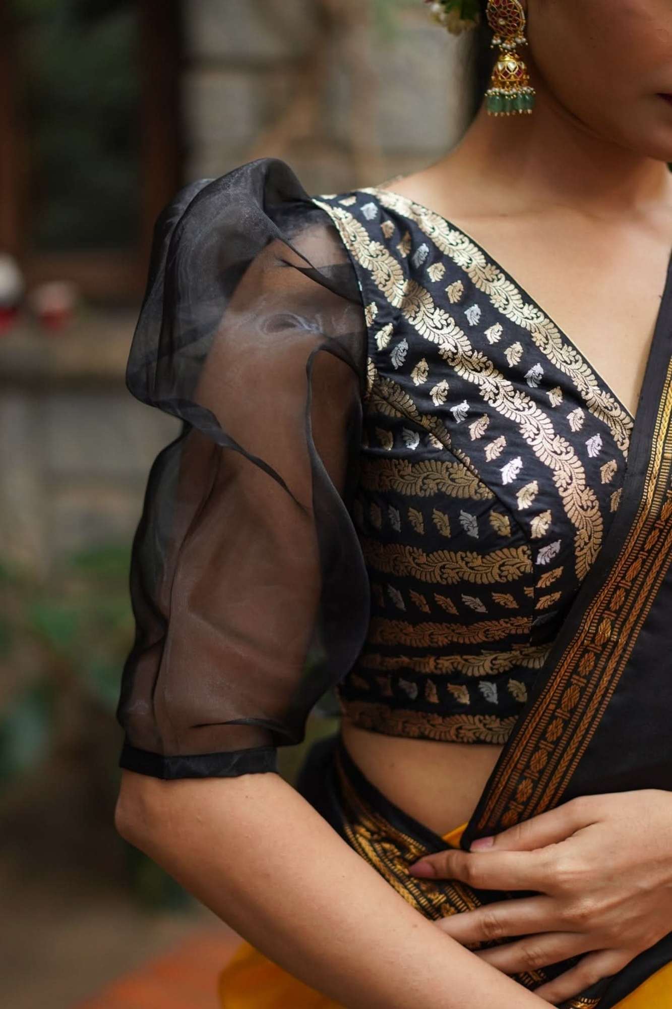 Black Brocade Blouse with Organza Puff Sleeves  Mix and Match Blouse for saree, Made to Order