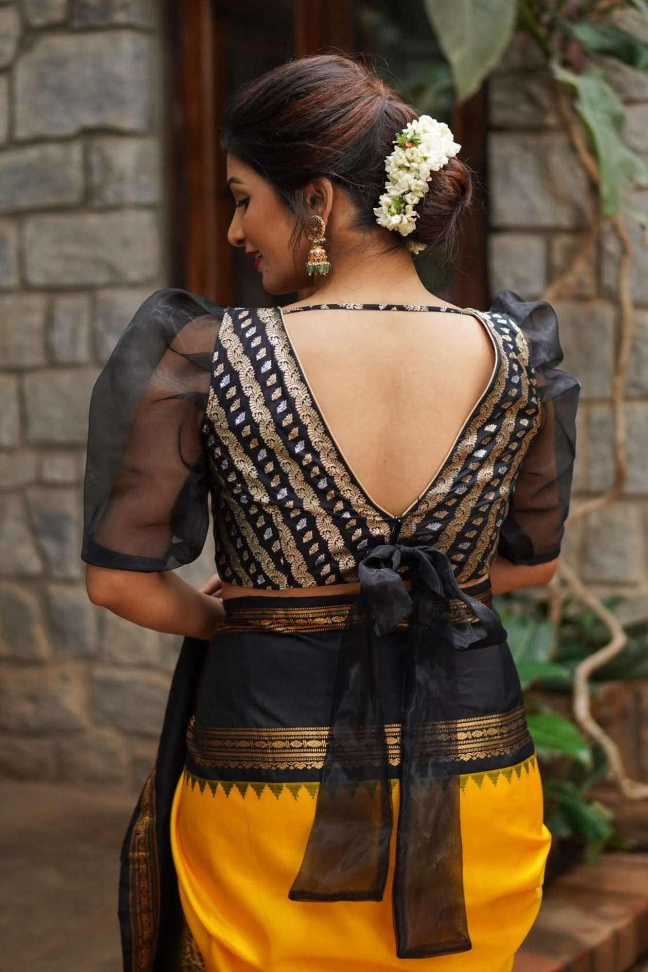 Black Brocade Blouse with Organza Puff Sleeves  Mix and Match Blouse for saree, Made to Order