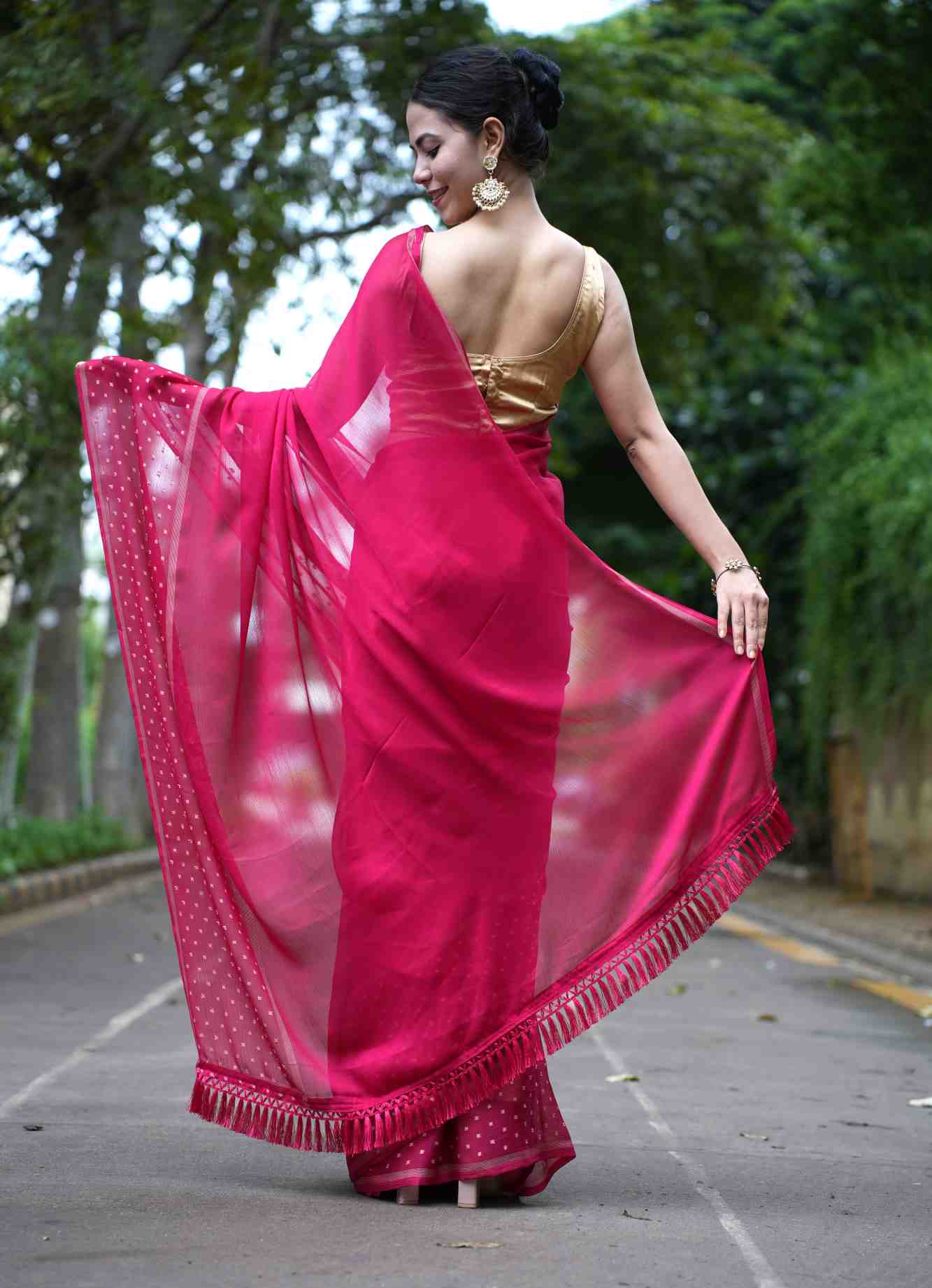 Soft Chiffon Satin With Zari Bordered & Tassels on Palla Wrap In One Minute Saree