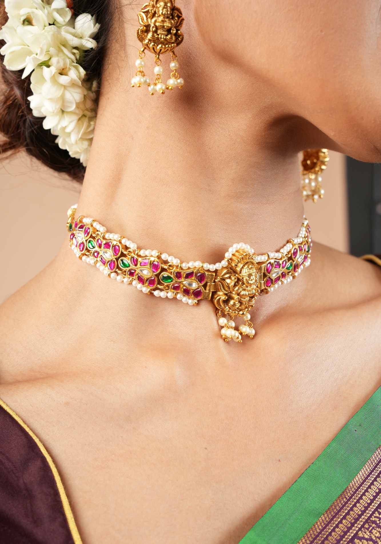 Lakshmi Nagas in Antique Gold and Jadau Fusion Choker and earrings set