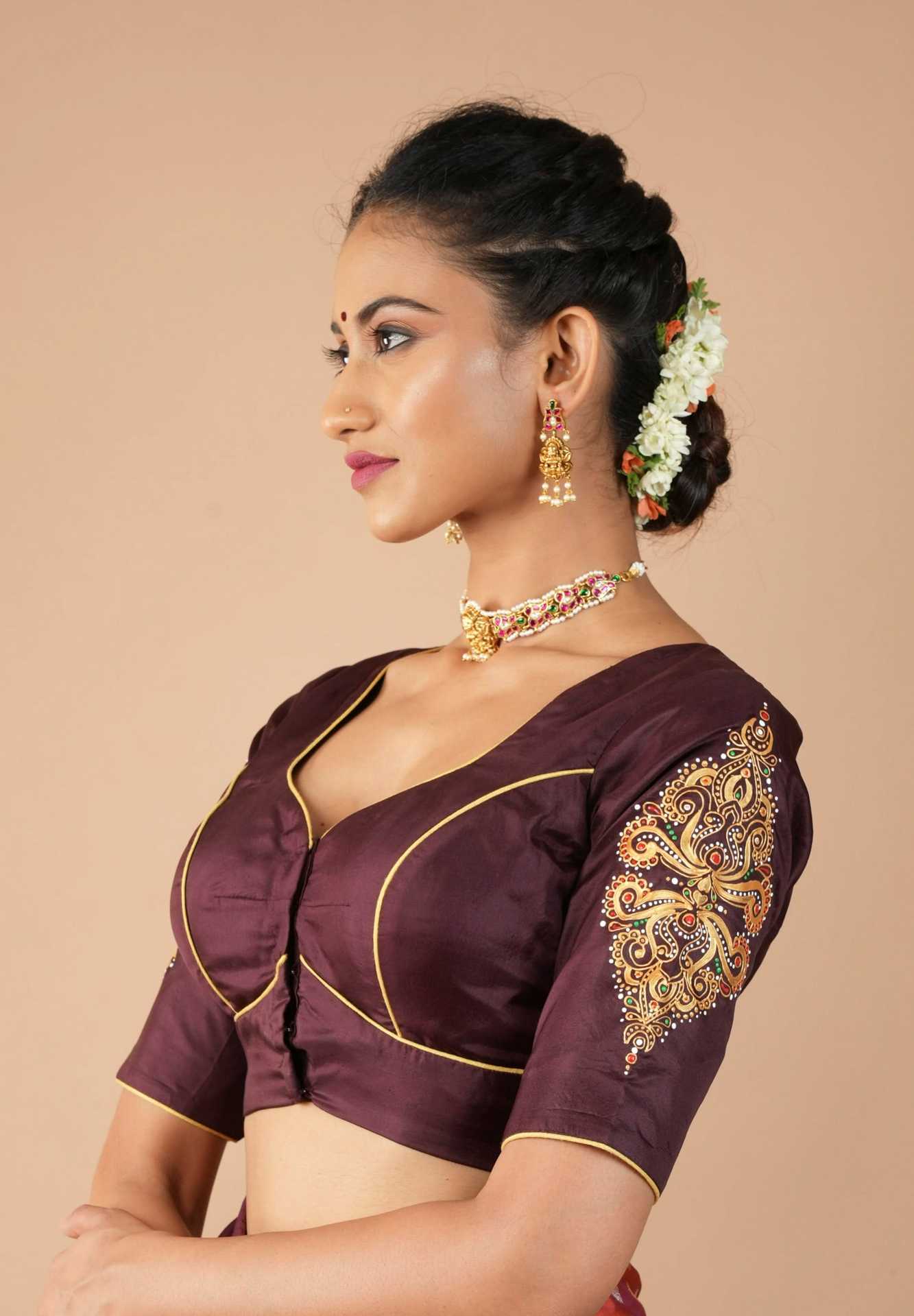 Brown Pure Silk Blouse with 3D Tanjore Art Damansk Motif on Sleeves and Arch Cutout back, Color Customization available, made to order