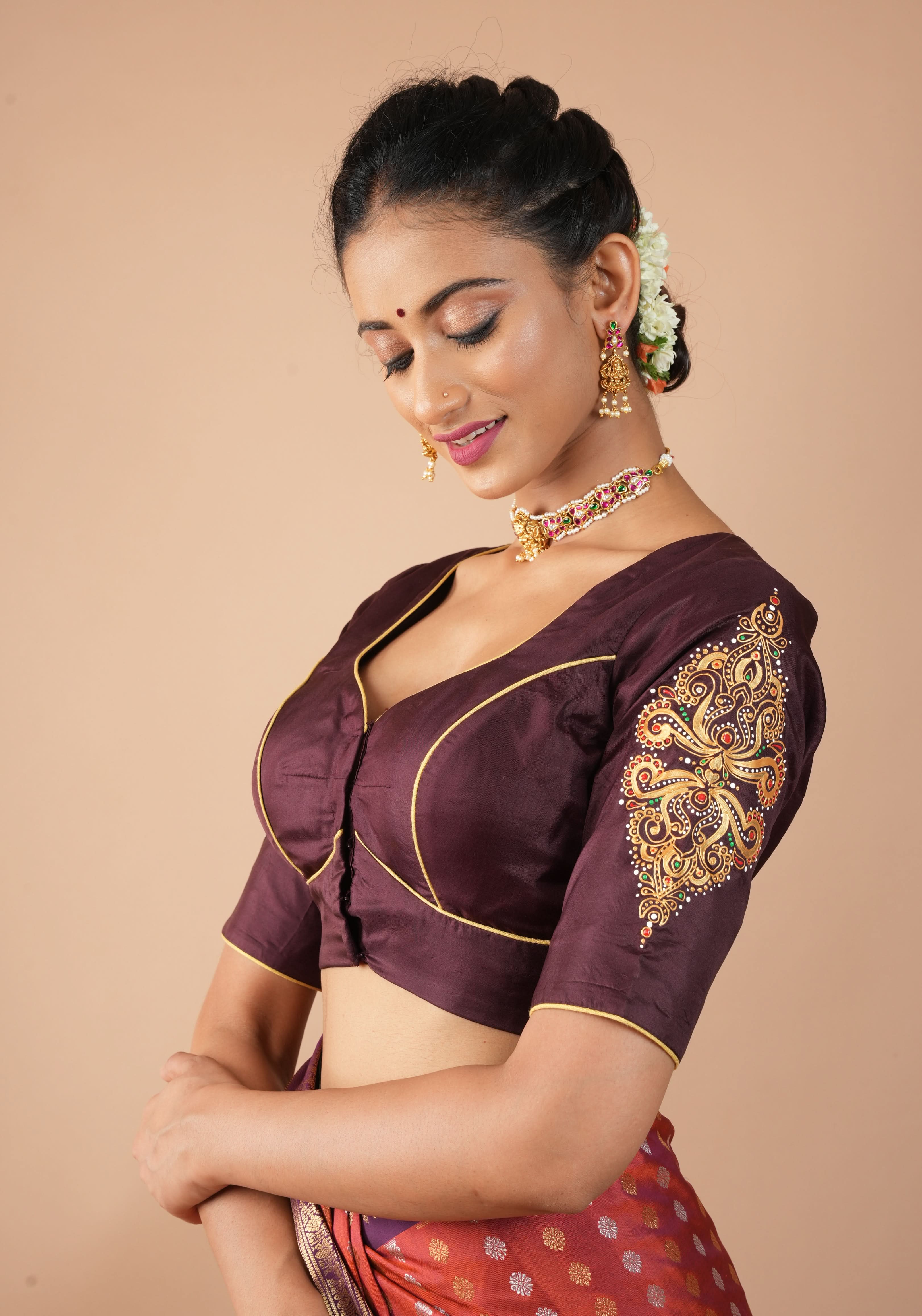 Brown Pure Silk Blouse with 3D Tanjore Art Damansk Motif on Sleeves and Arch Cutout back, Color Customization available, made to order | Shobitam