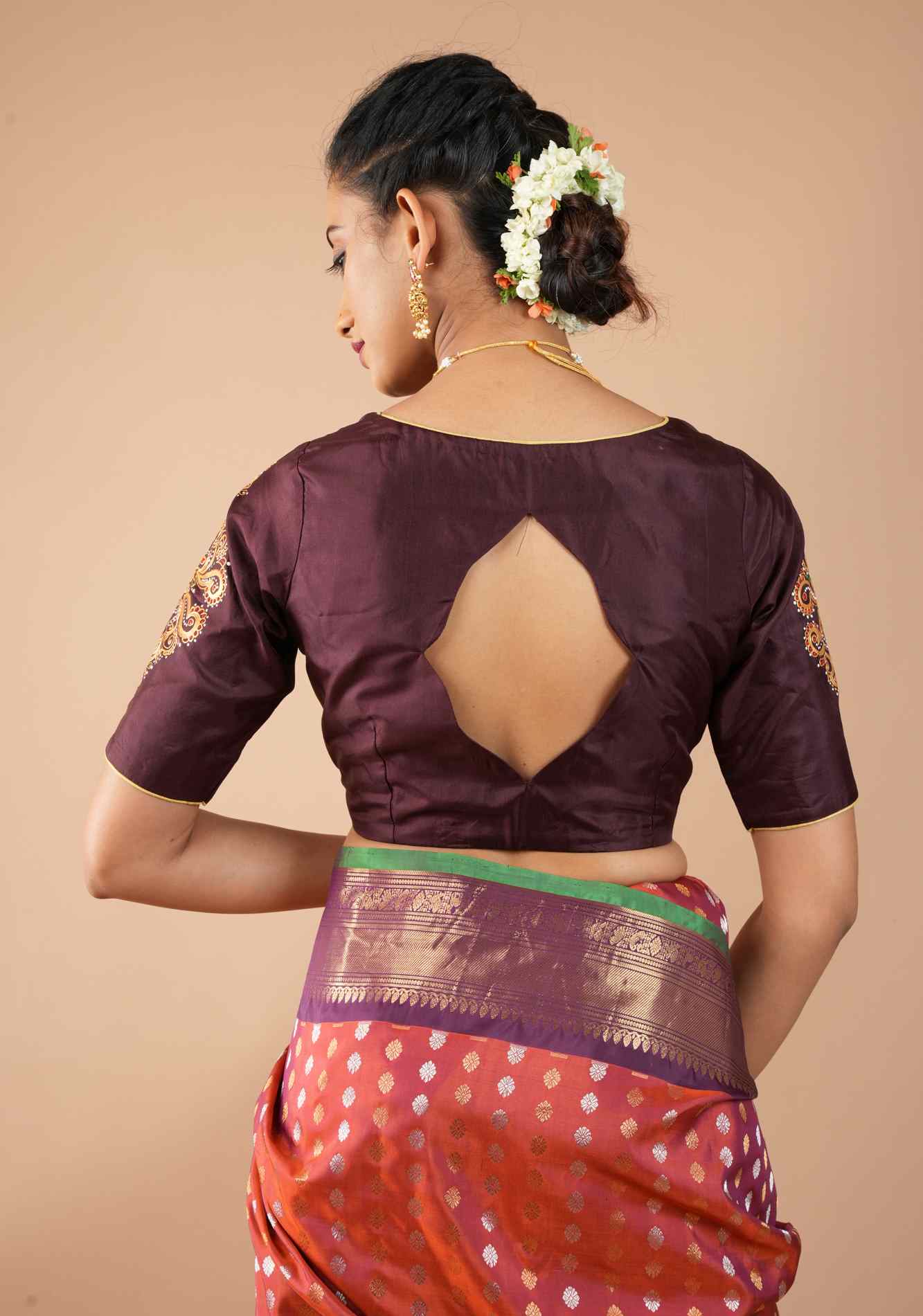 Brown Pure Silk Blouse with 3D Tanjore Art Damansk Motif on Sleeves and Arch Cutout back, Color Customization available, made to order