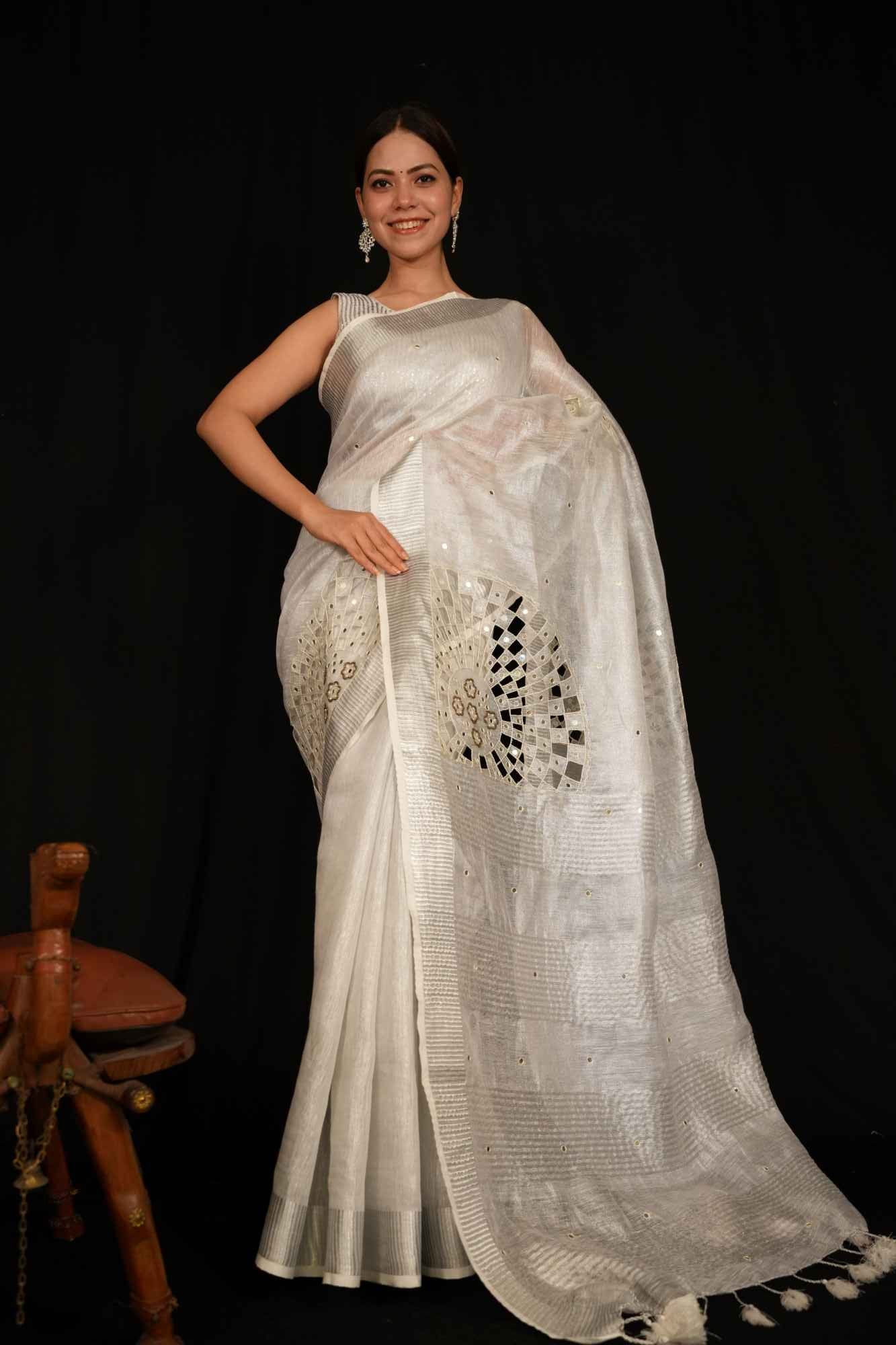 Premium Handloom Bhagalpuri Linen Silk With Cut Work , Mirror & Moti  Embroidered Wrap In 1 Minute Saree