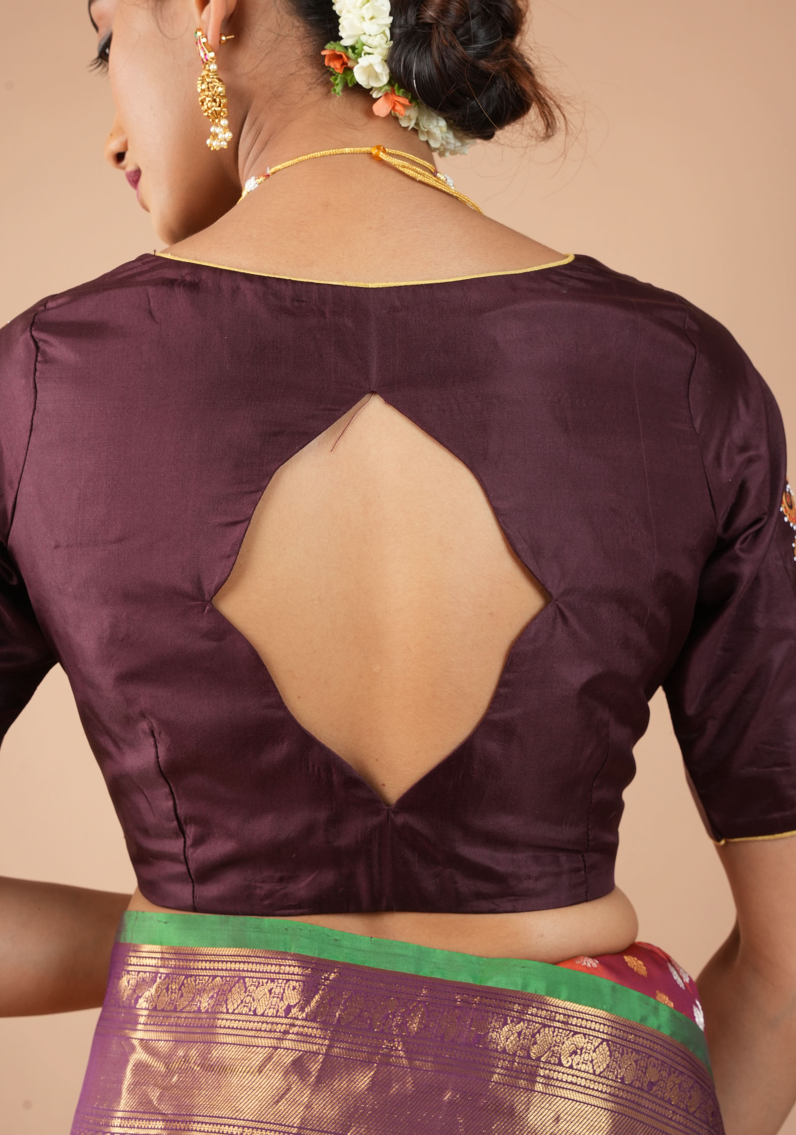 Brown Pure Silk Blouse with 3D Tanjore Art Damansk Motif on Sleeves and Arch Cutout back, Color Customization available, made to order | Shobitam