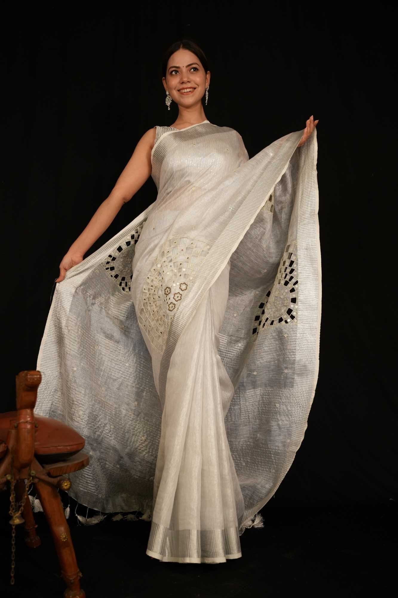 Premium Handloom Bhagalpuri Linen Silk With Cut Work , Mirror & Moti  Embroidered Wrap In 1 Minute Saree