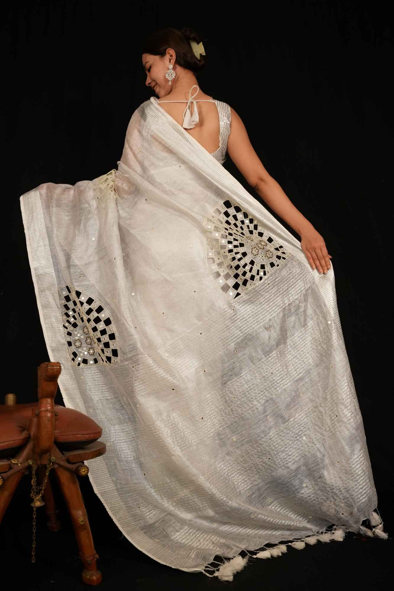 Premium Handloom Bhagalpuri Linen Silk With Cut Work , Mirror & Moti  Embroidered Wrap In 1 Minute Saree