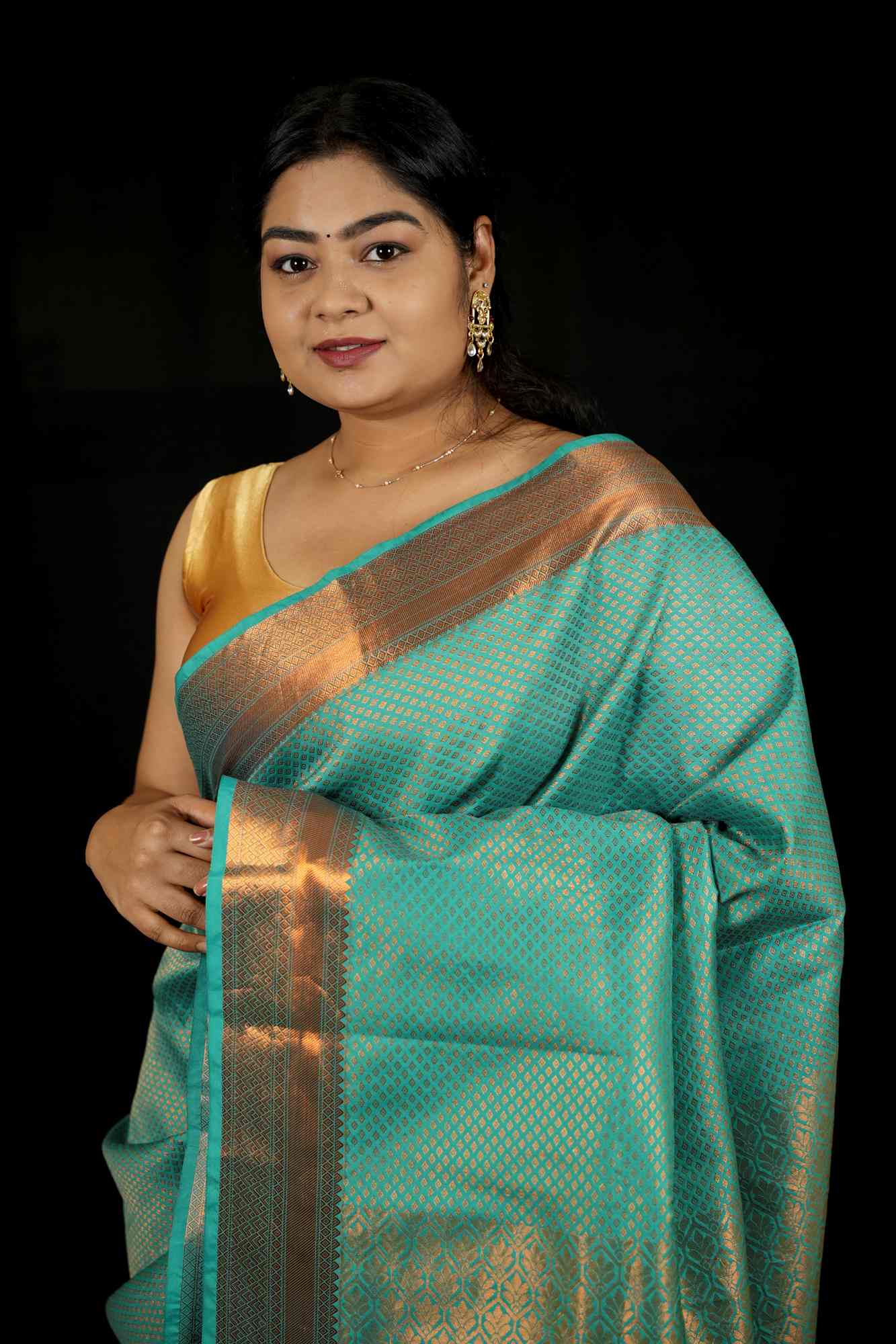 Bridal Silk with Intricate Geometric Weave & Rich Zari Border Ready To Wear Saree