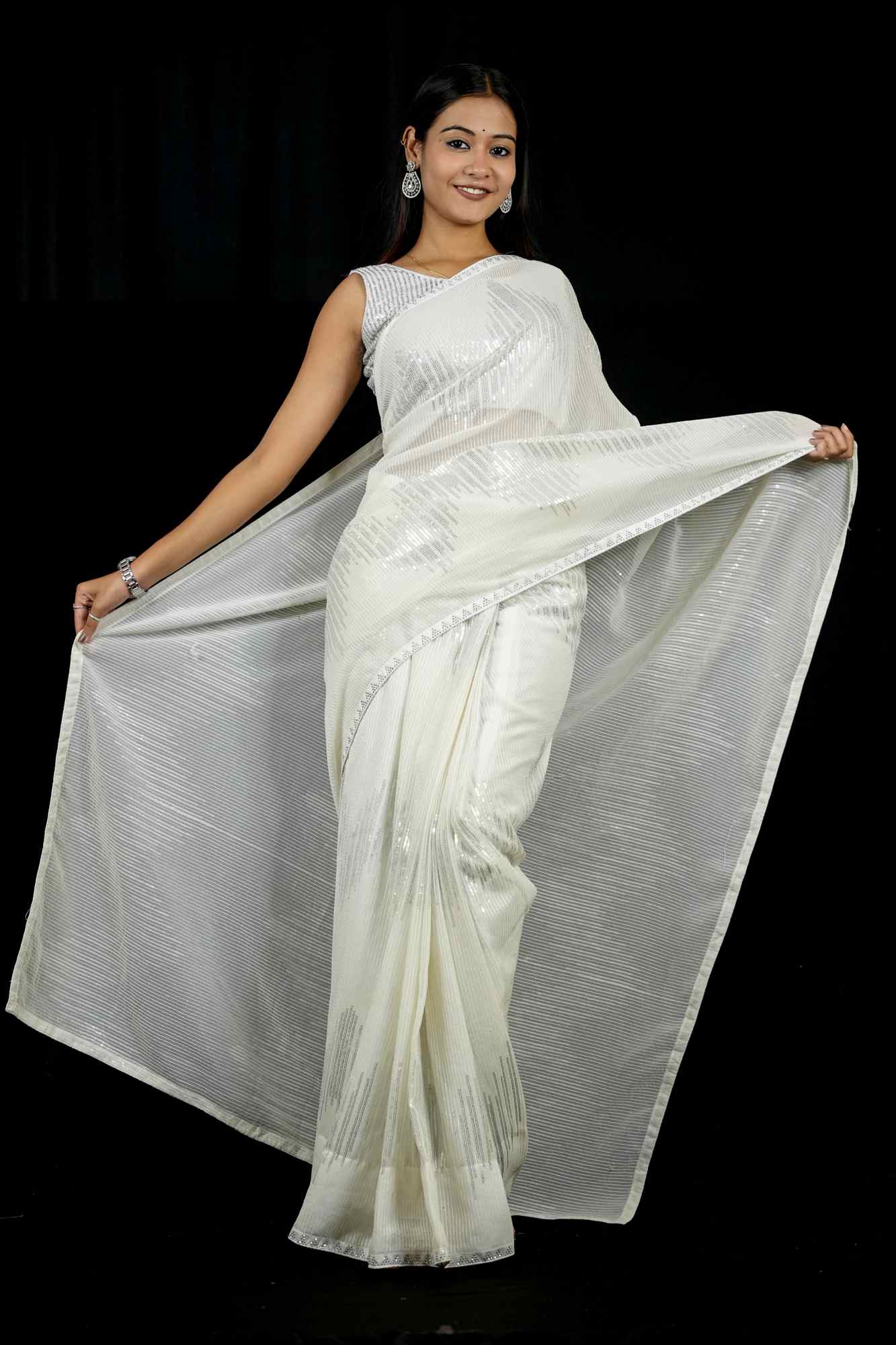 Ivory Sequin Dream in Georgette Ready To Wear Saree