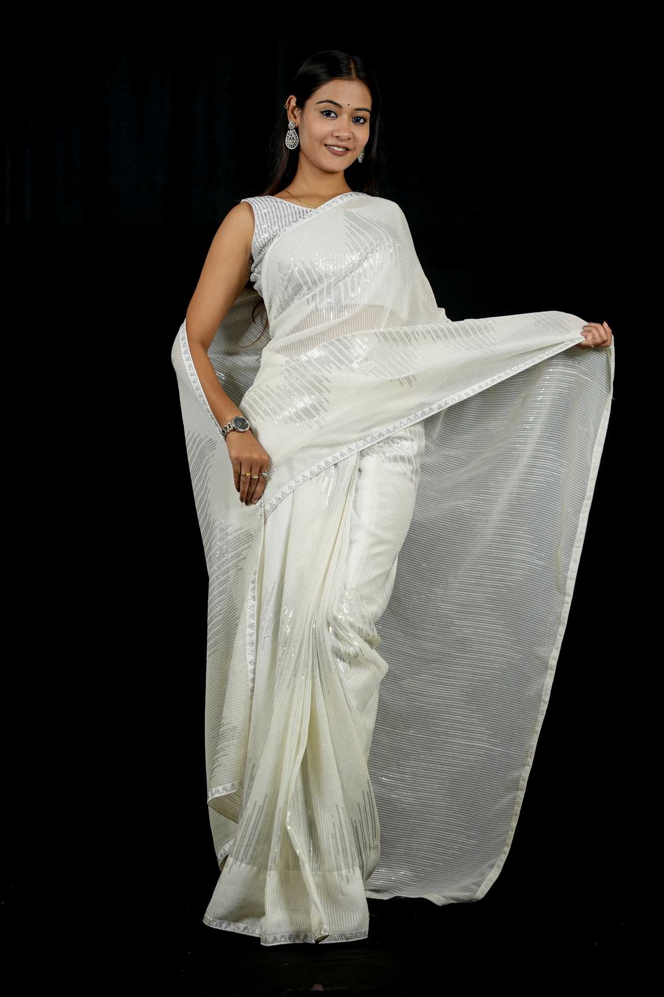 Ivory Sequin Dream in Georgette Ready To Wear Saree