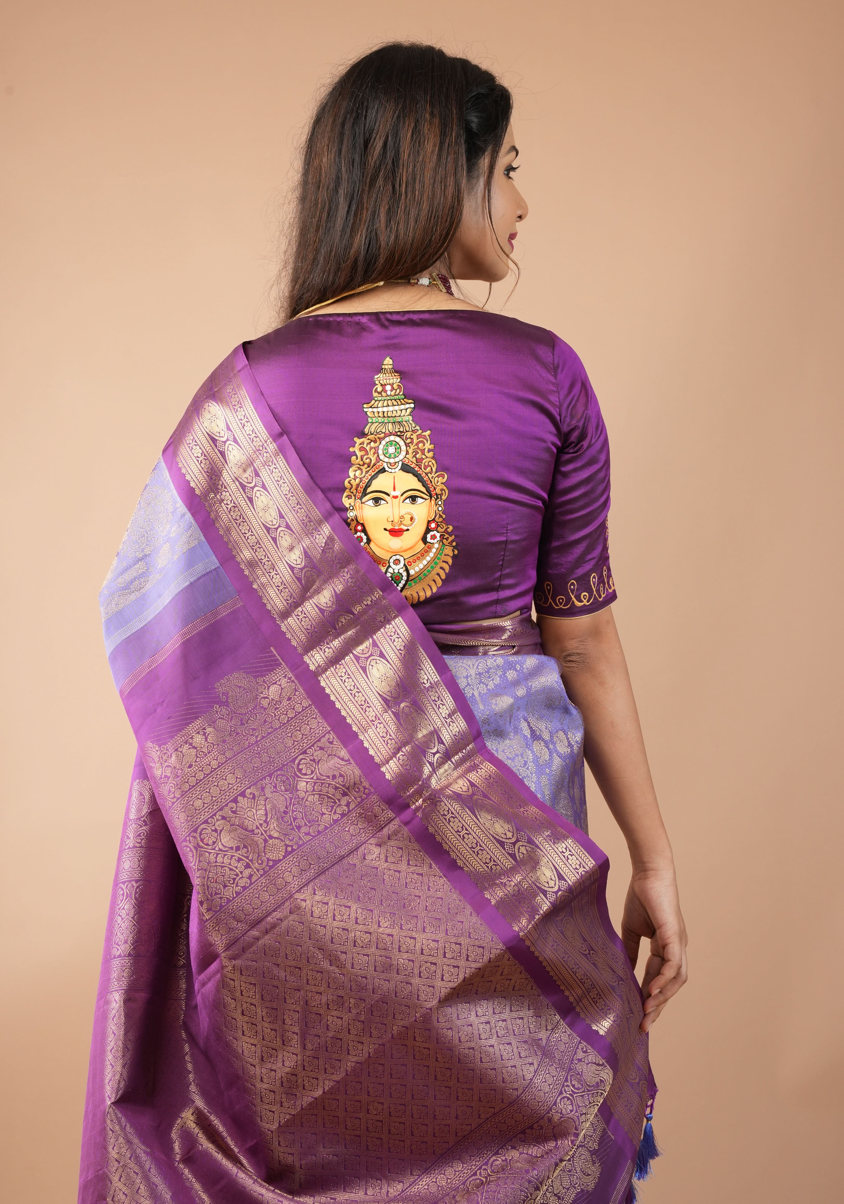 Varalakshmi Face Tanjore Handpainting on Purple Pure Silk Blouse, Made to Order, Customizable | Shobitam