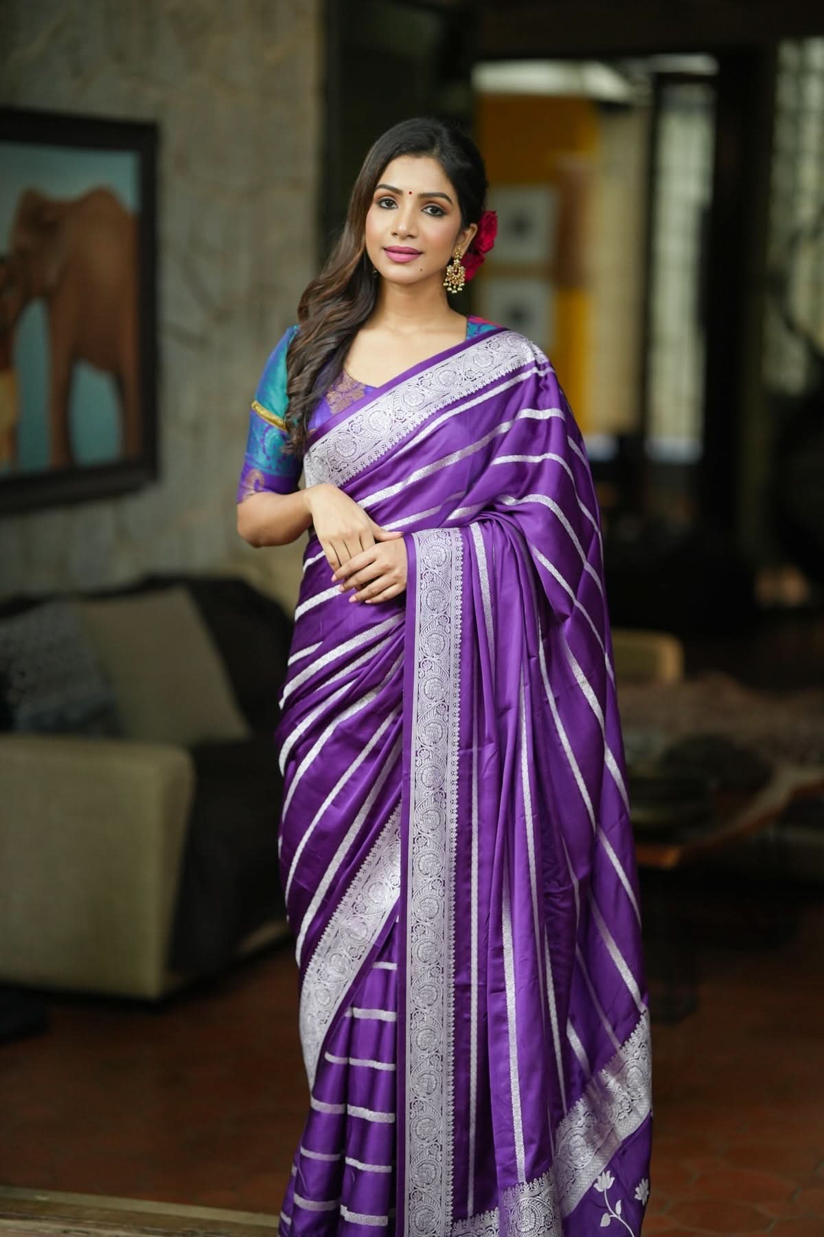 Deep Purple Viscose Satin Saree With Silver Zari Stripes and Pichwai Pallu | SHOBITAM