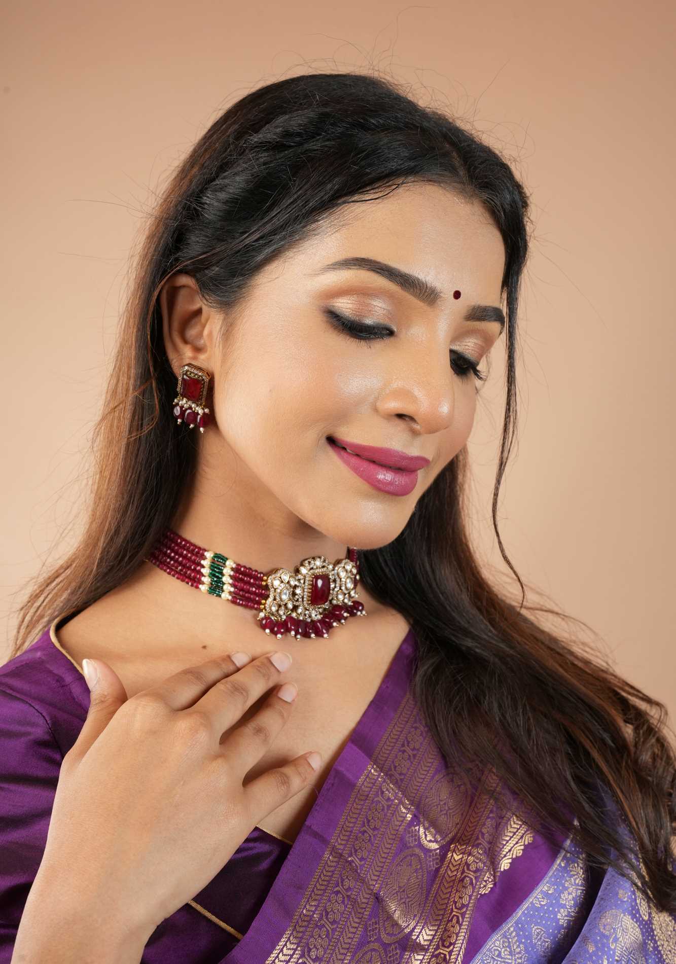 Multilayer Red Beads kundan Choker set with dangling Red Beads