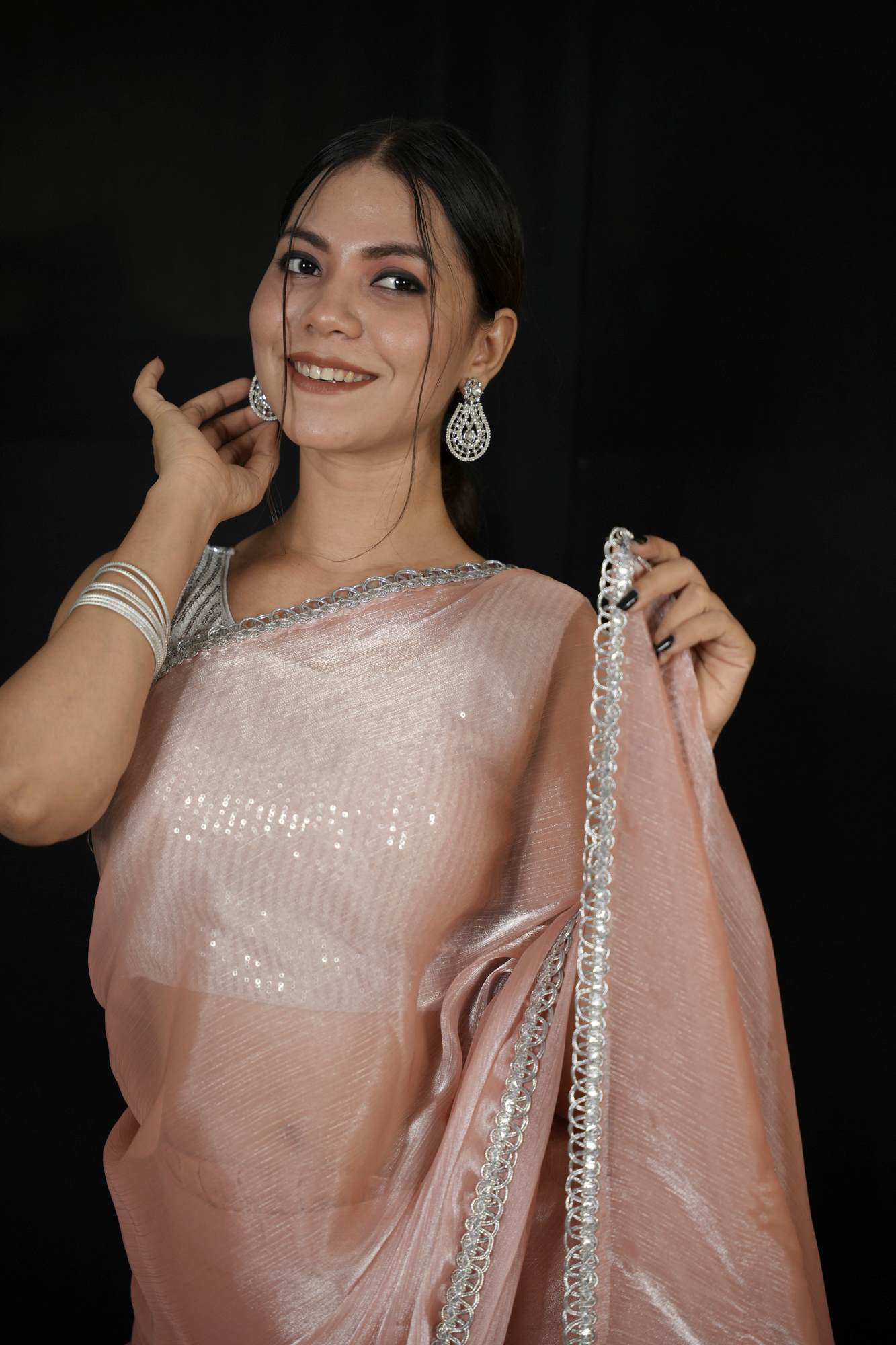Elegant Peach Chiffon Silk with Overall Silver Lace Ready to wear Saree