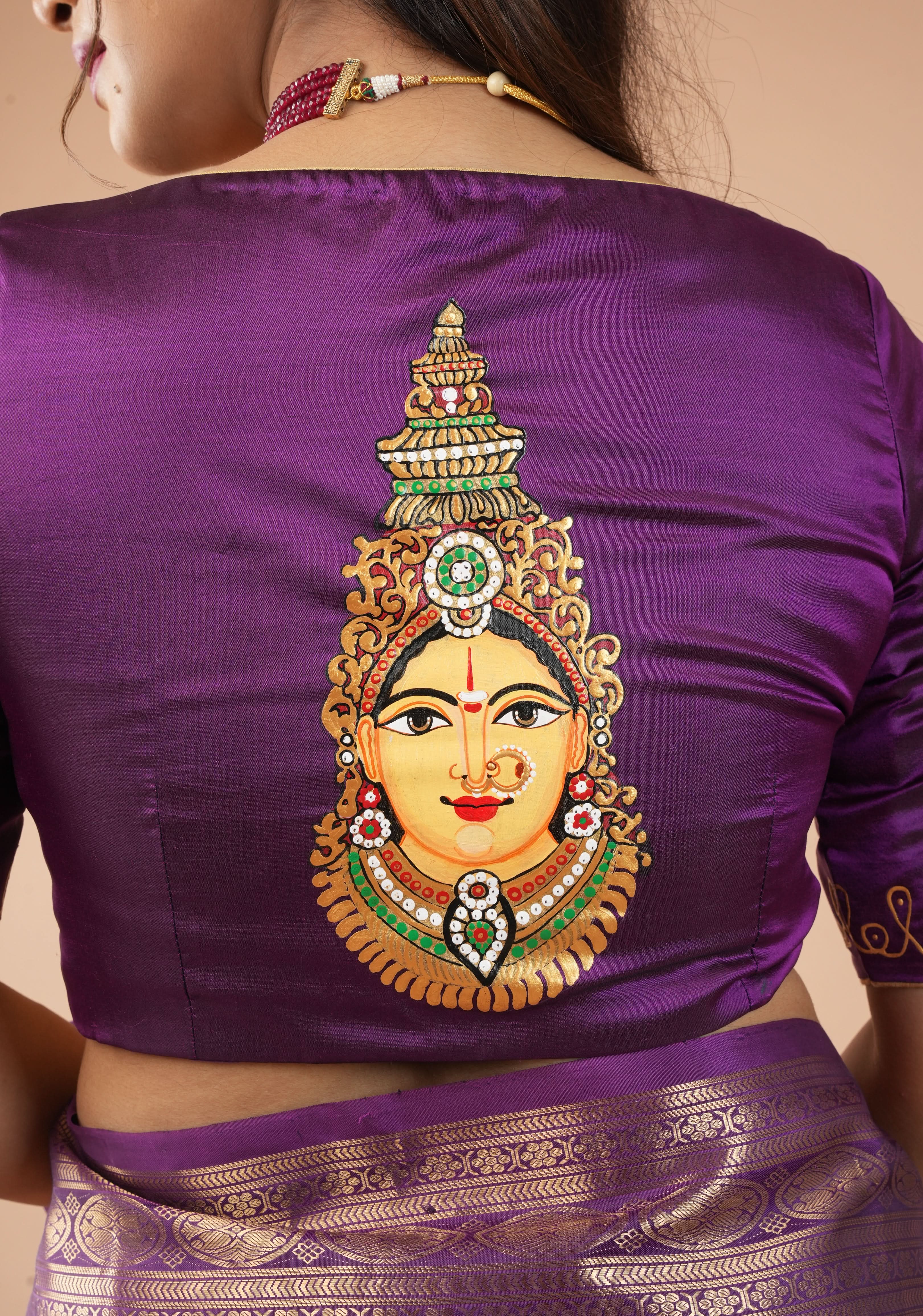 Varalakshmi Face Tanjore Handpainting on Purple Pure Silk Blouse, Made to Order, Customizable | Shobitam