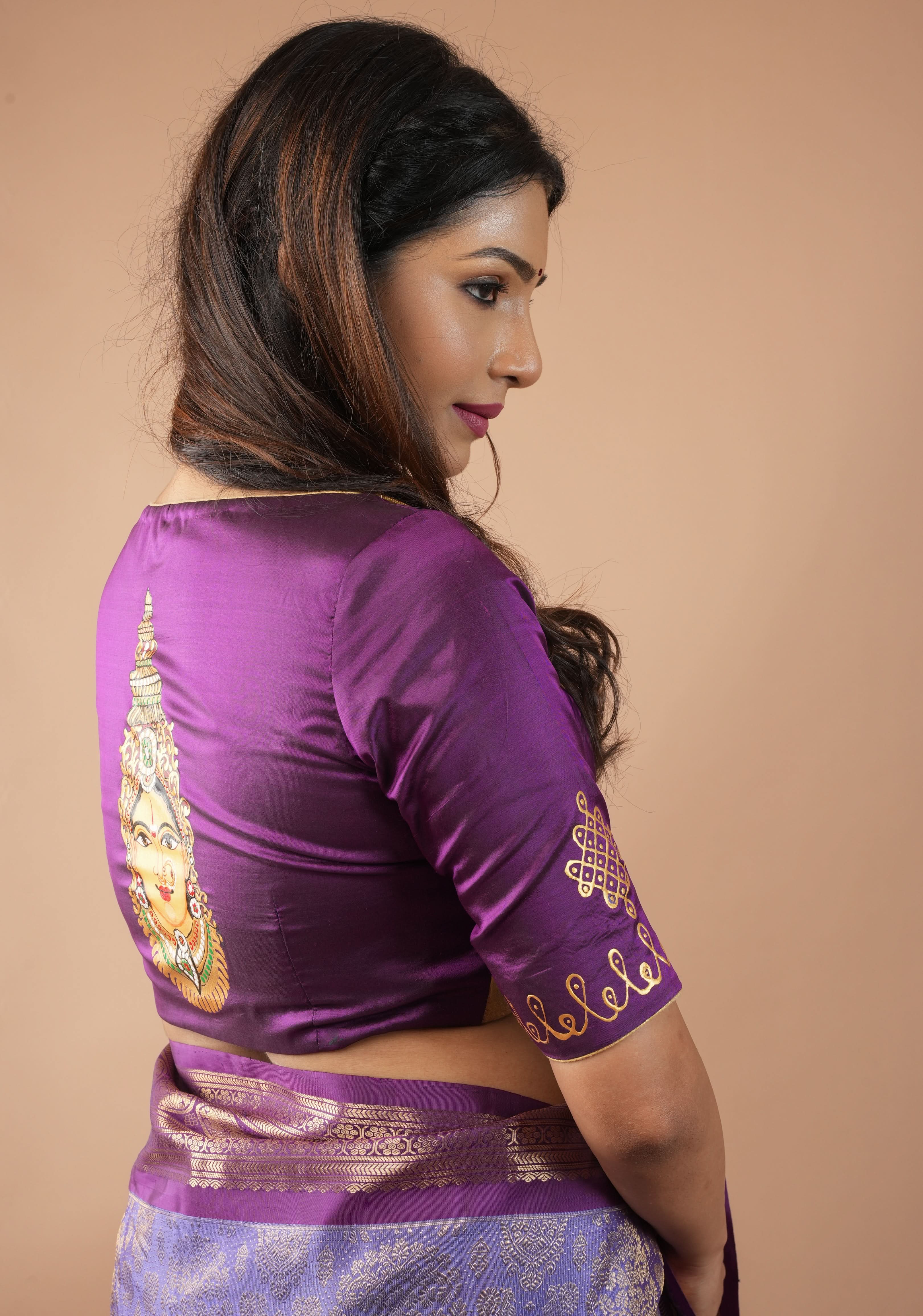 Varalakshmi Face Tanjore Handpainting on Purple Pure Silk Blouse, Made to Order, Customizable | Shobitam