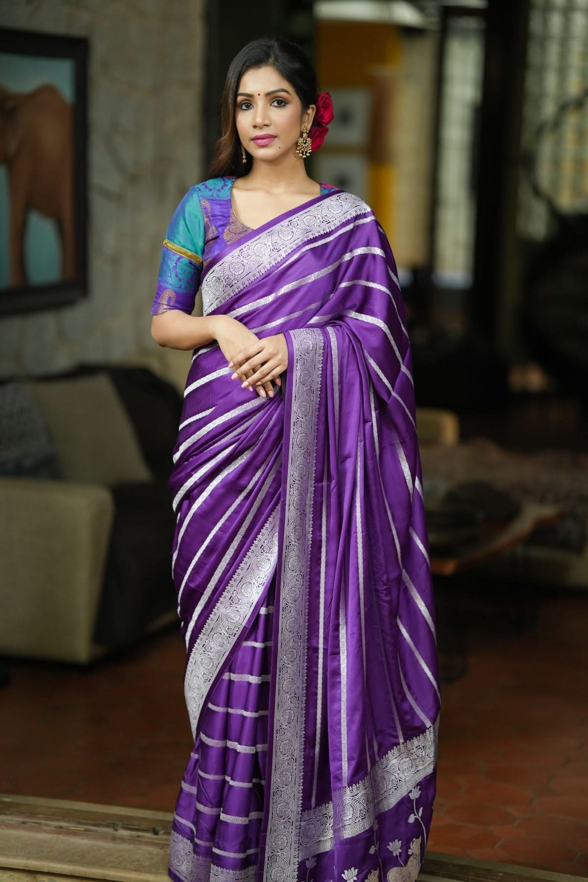 Deep Purple Viscose Satin Saree With Silver Zari Stripes and Pichwai Pallu | SHOBITAM