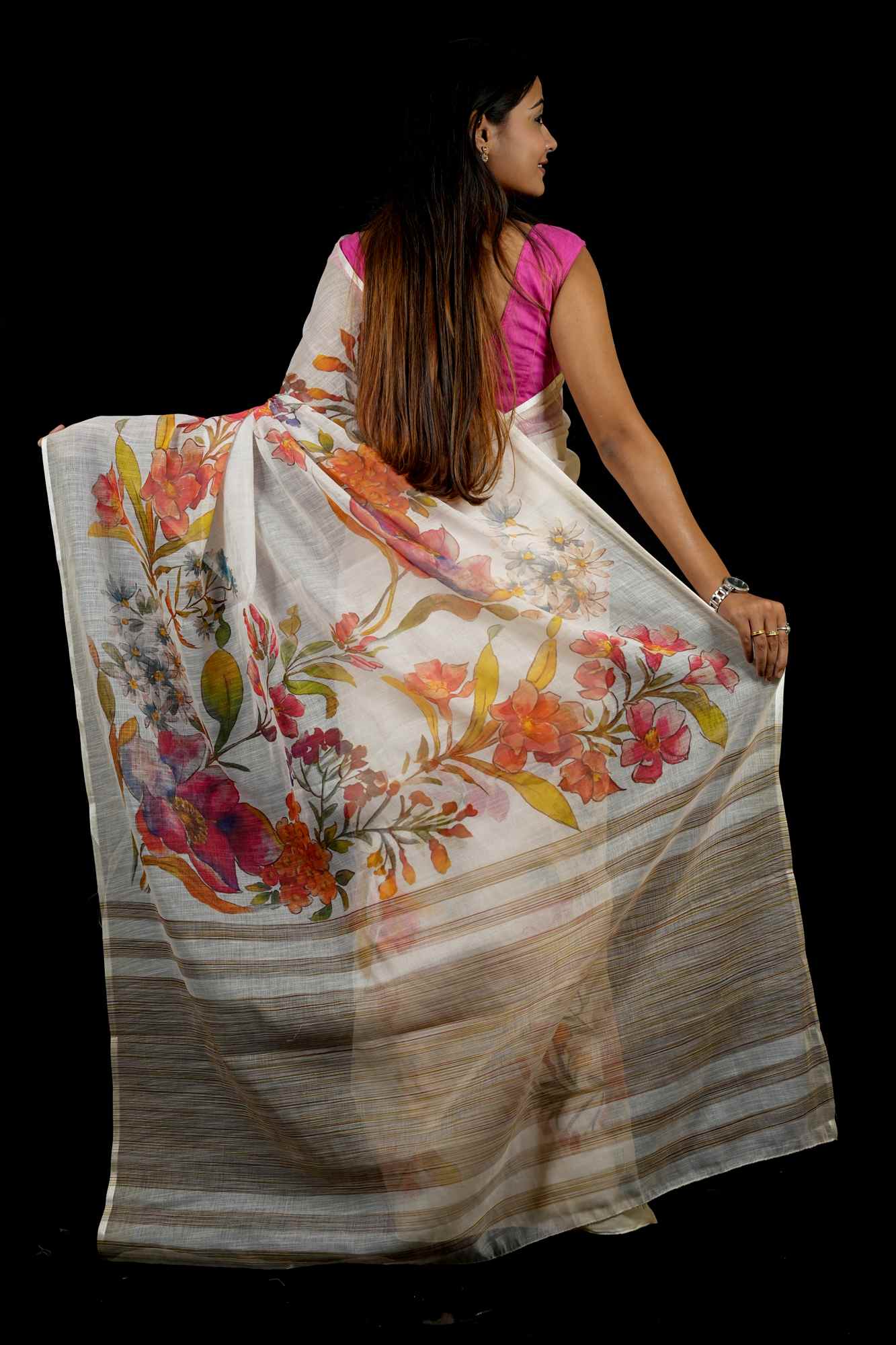 Linen with Watercolor  Floral Print Ready To Wear Saree