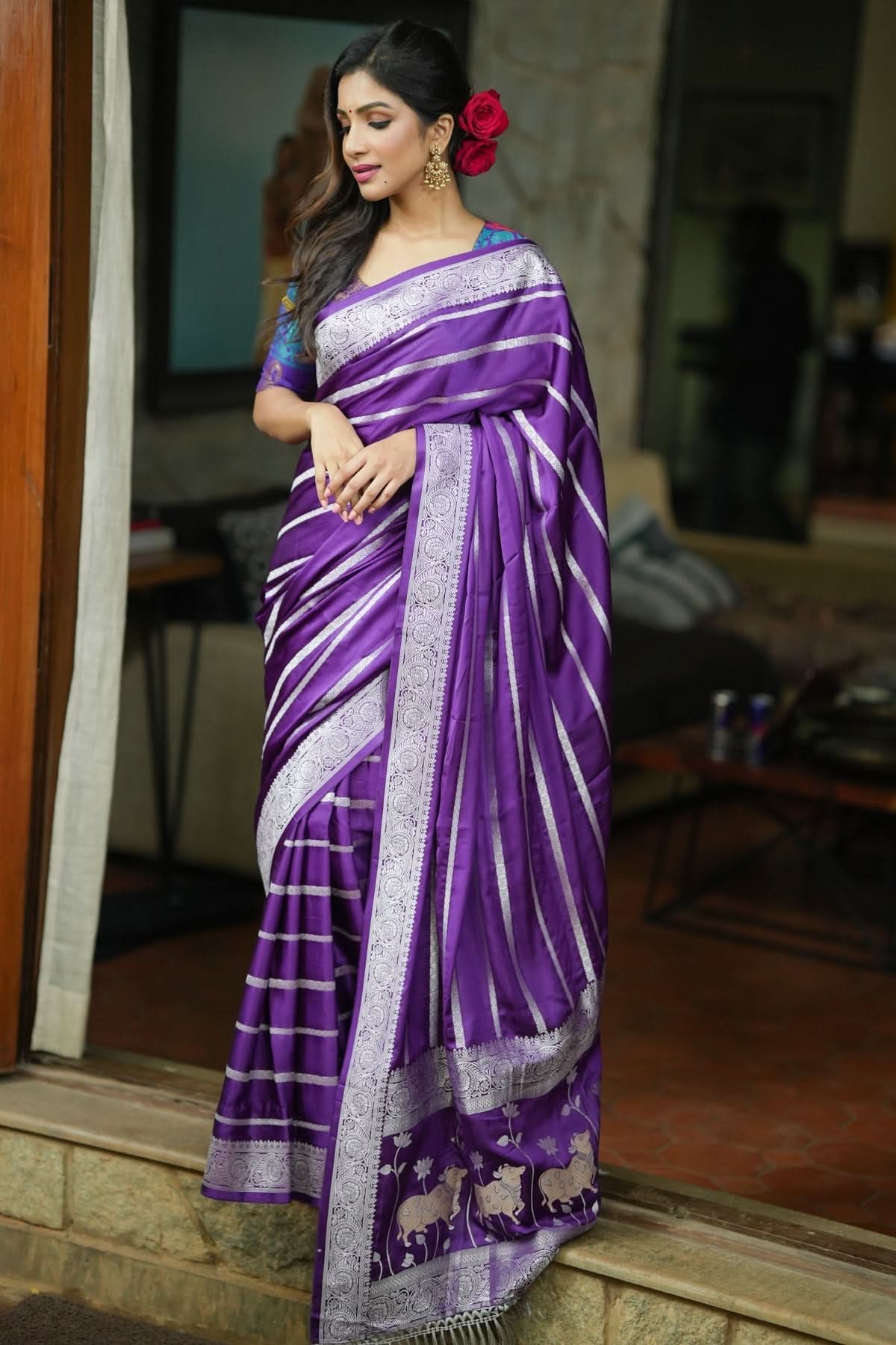 Deep Purple Viscose Satin Saree With Silver Zari Stripes and Pichwai Pallu | SHOBITAM