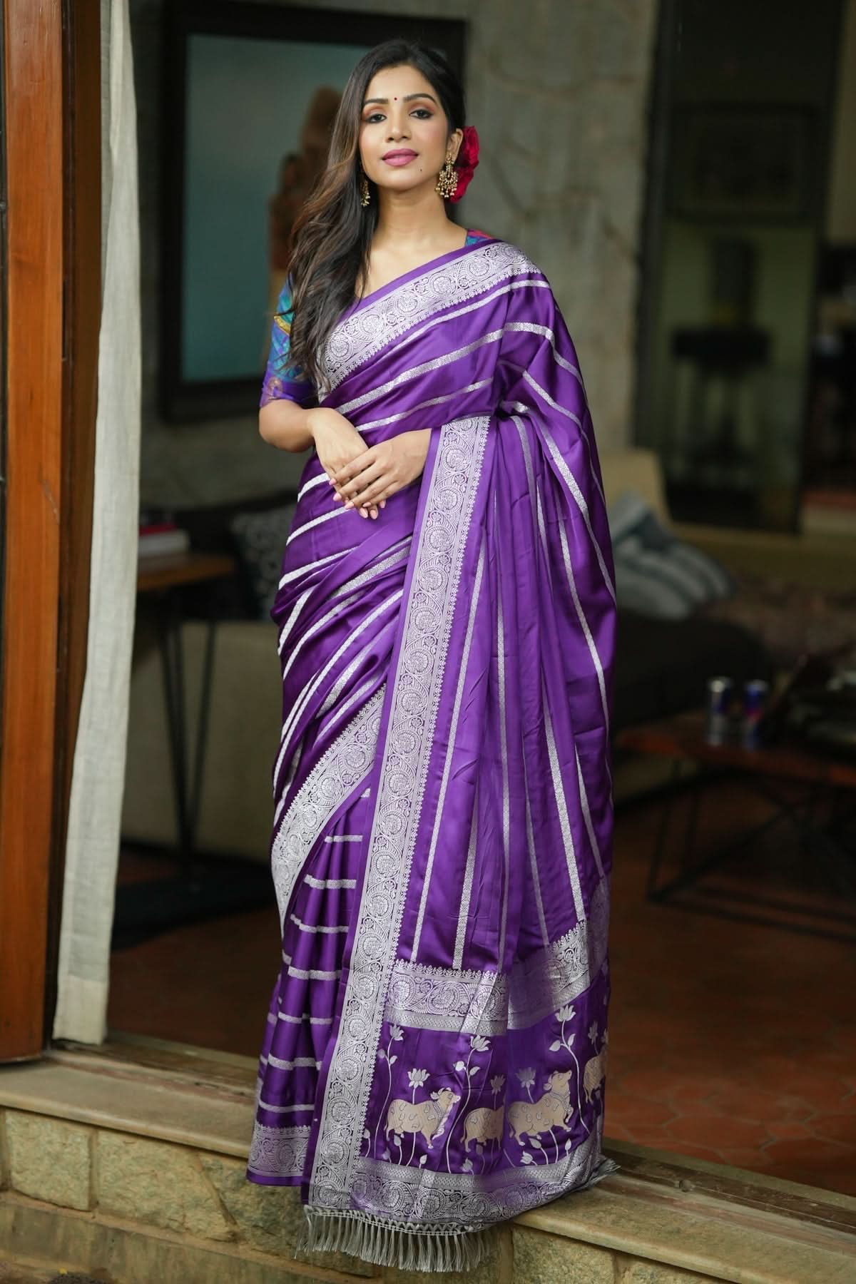 Deep Purple Viscose Satin Saree With Silver Zari Stripes and Pichwai Pallu | SHOBITAM