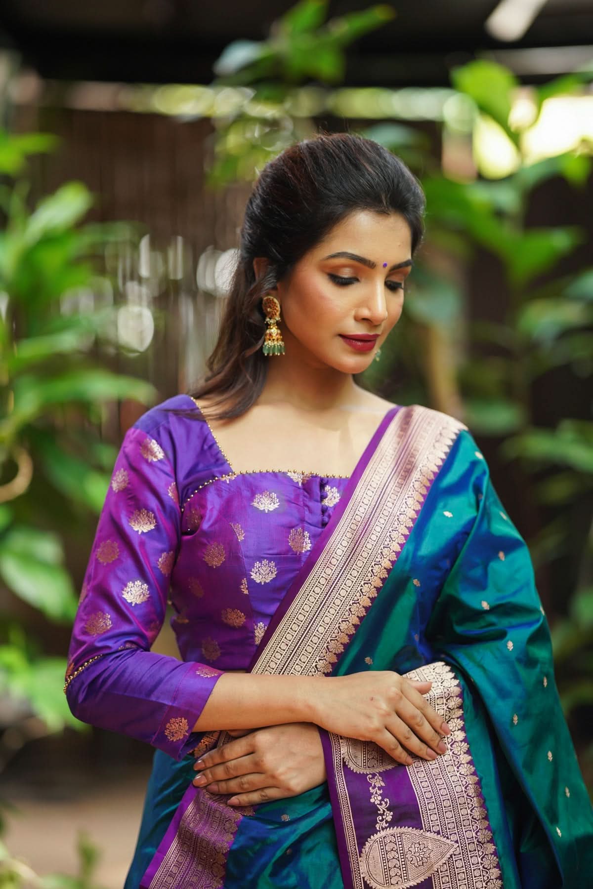 Violet pure silk two fabric square neck blouse, Made to Order | Shobitam