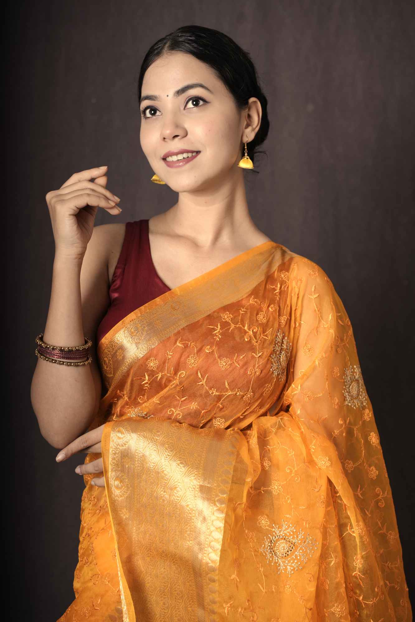 Beautiful Yellow Organza silk With Traditional Embroidered & Solid Zari Bordered Wrap In One Minute Saree