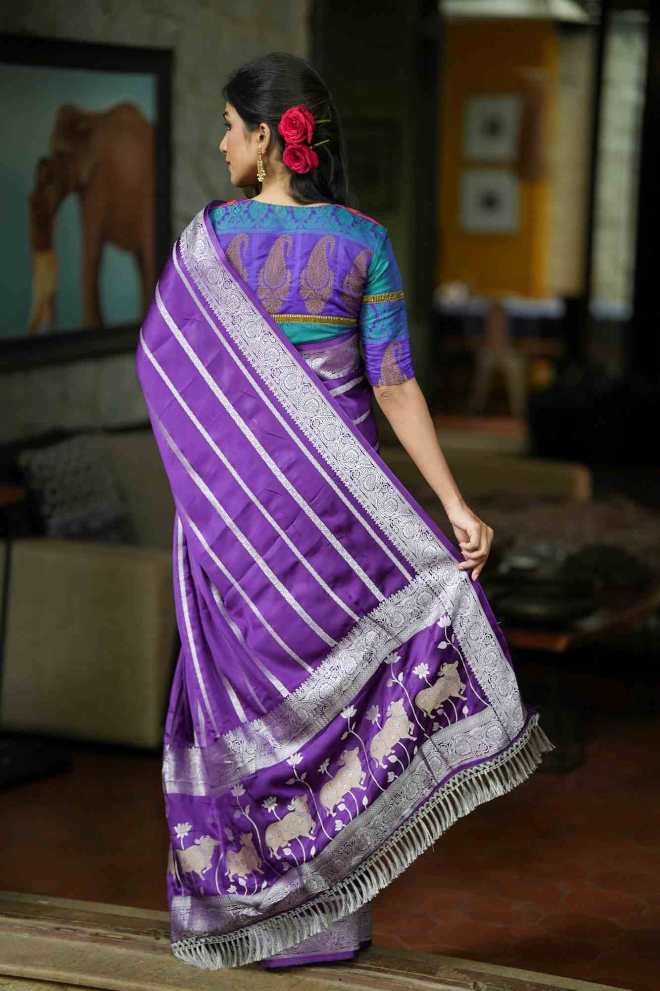 Pre drape Deep Purple Viscose Satin Saree With Silver Zari Stripes and Pichwai Pallu