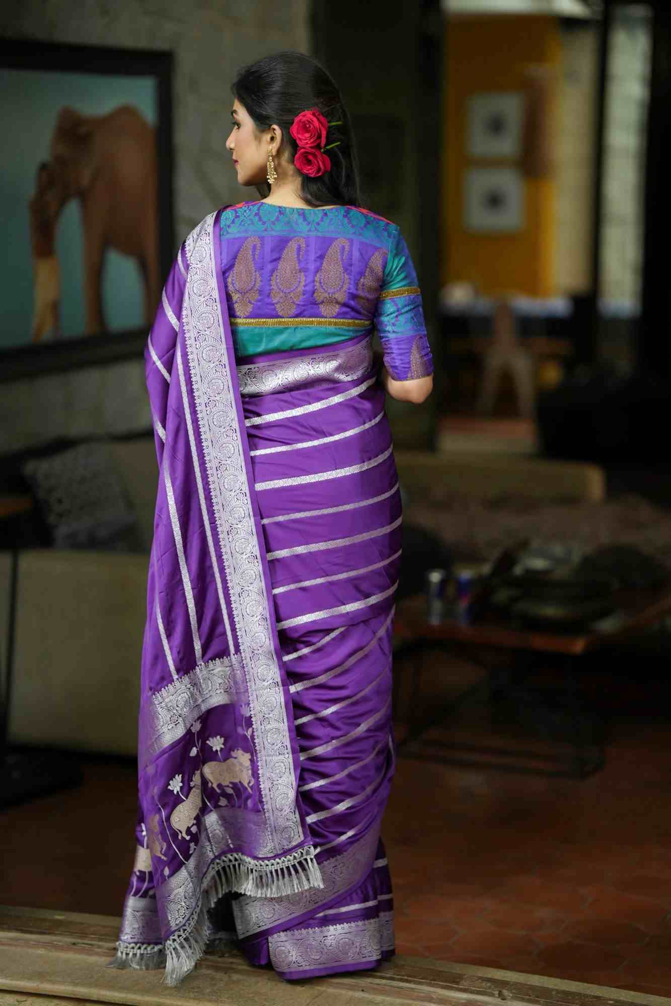 Pre drape Deep Purple Viscose Satin Saree With Silver Zari Stripes and Pichwai Pallu