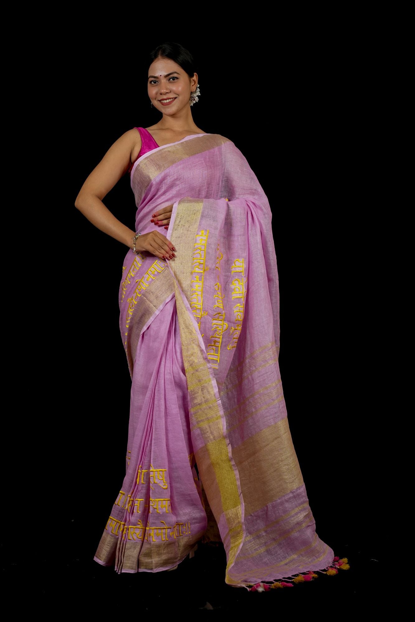 Ready To Wear Devi Shloka Embroidered Saree In Lilac pure linen by linen