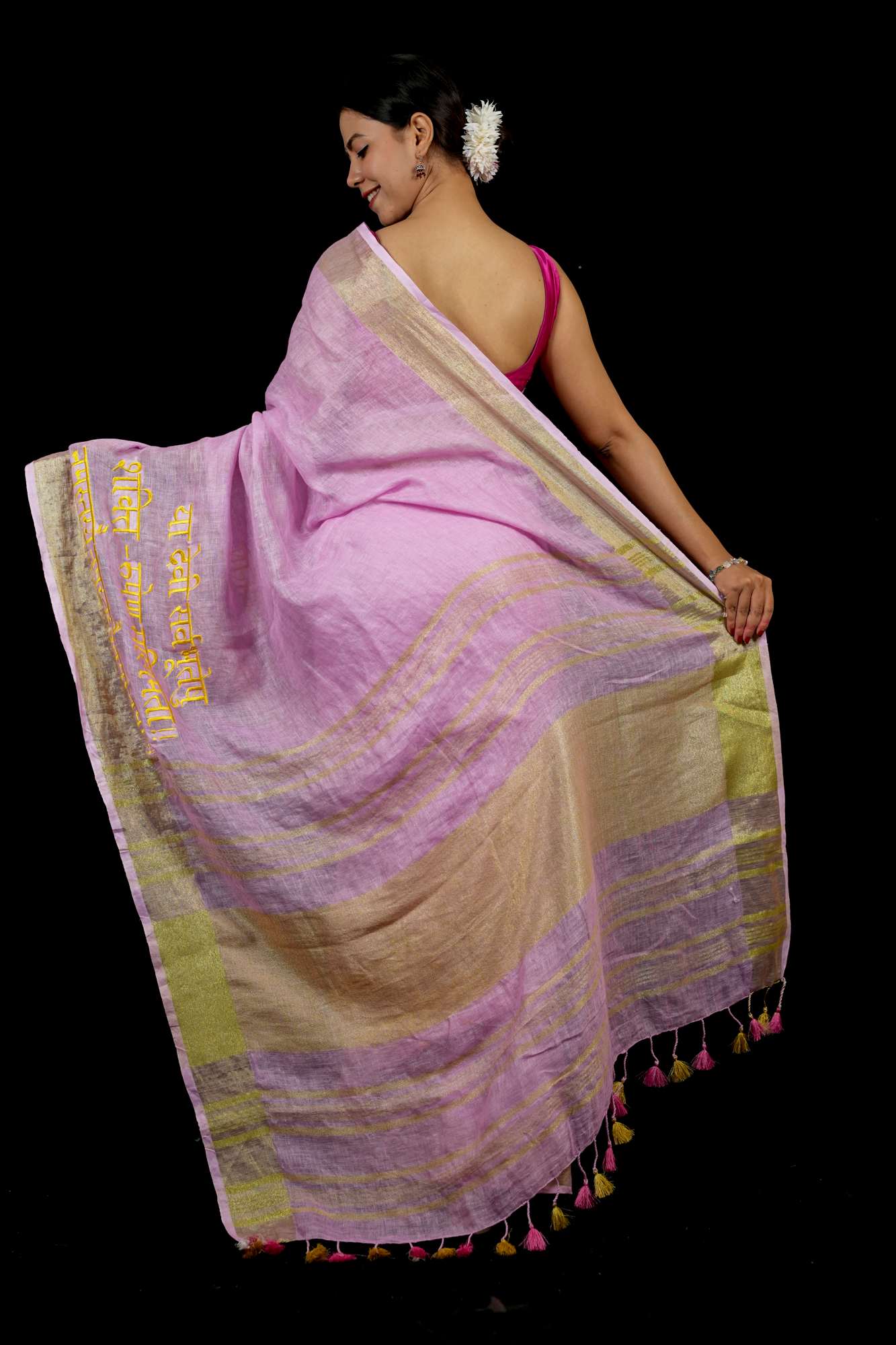 Ready To Wear Devi Shloka Embroidered Saree In Lilac pure linen by linen