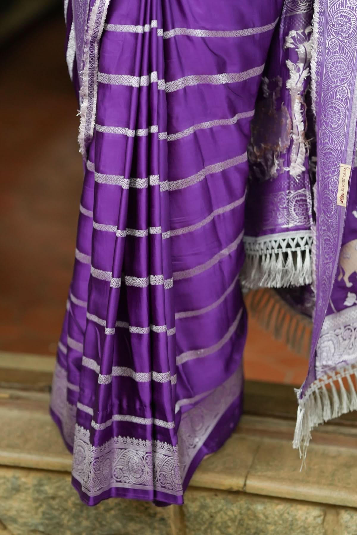 Deep Purple Viscose Satin Saree With Silver Zari Stripes and Pichwai Pallu | SHOBITAM