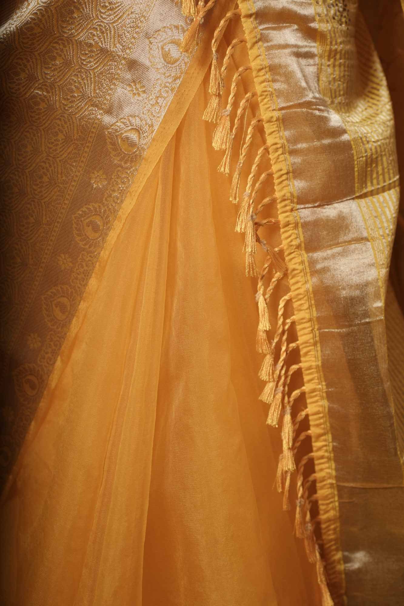 Beautiful Yellow Organza silk With Traditional Embroidered & Solid Zari Bordered Wrap In One Minute Saree