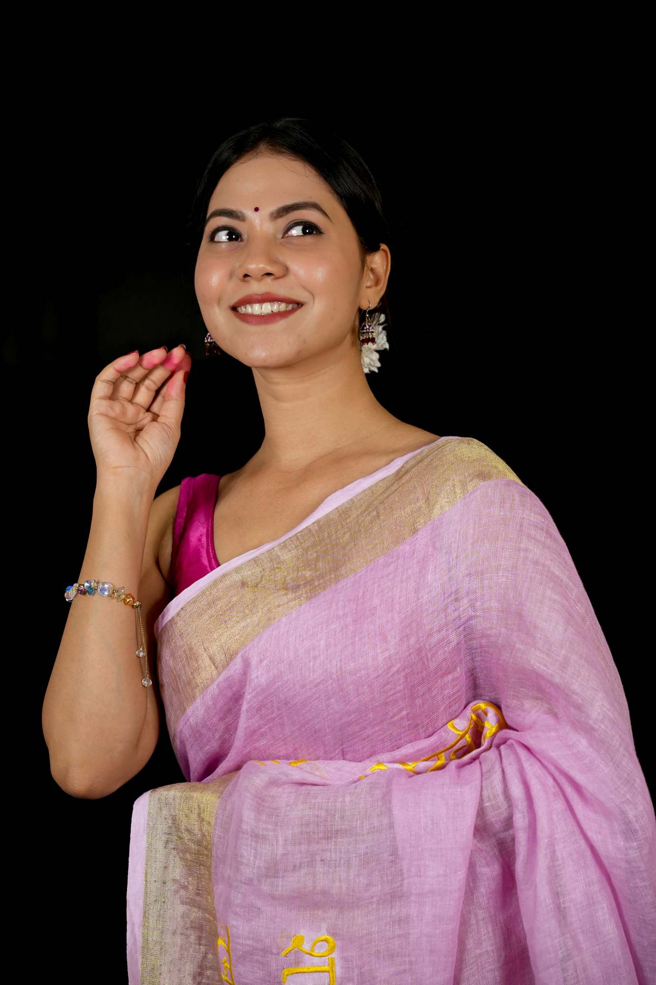 Ready To Wear Devi Shloka Embroidered Saree In Lilac pure linen by linen