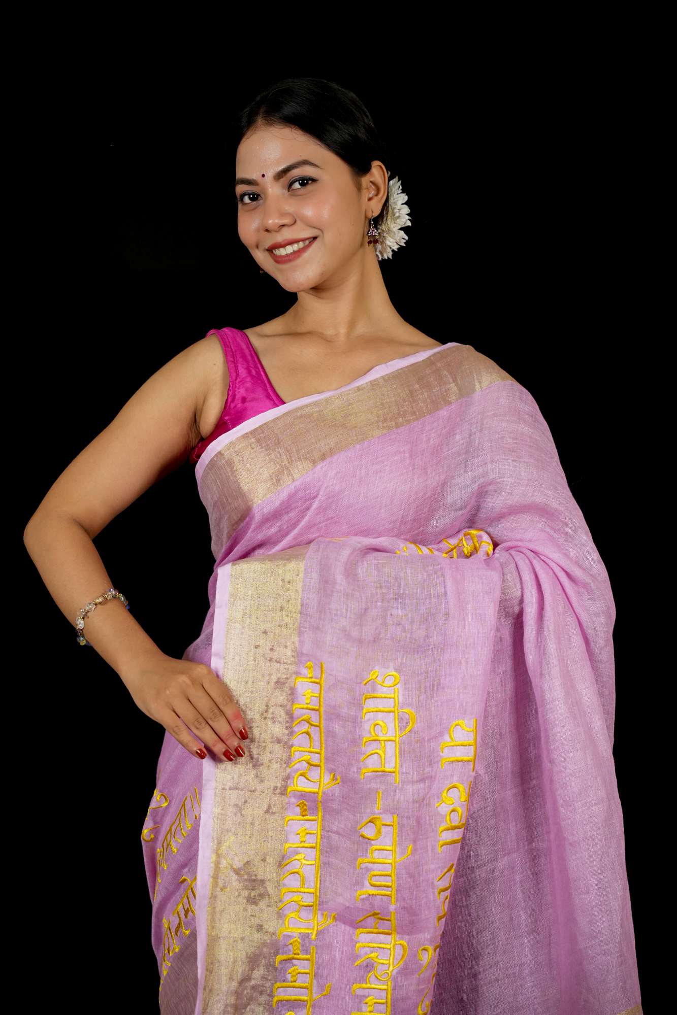 Ready To Wear Devi Shloka Embroidered Saree In Lilac pure linen by linen